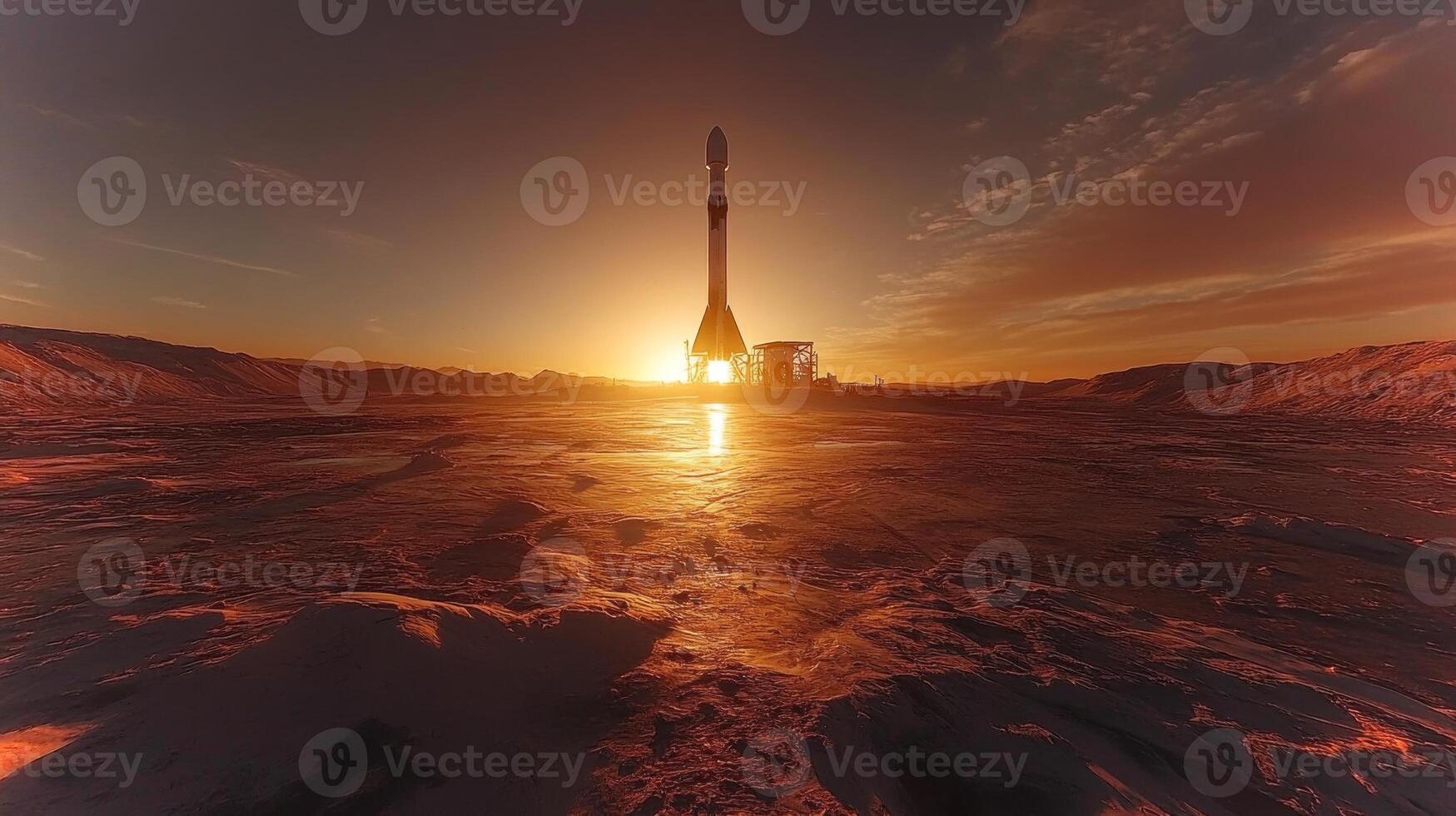 A rocket stands tall against a glowing sunrise, highlighting propulsion systems and recovery mechanisms essential for successful landing and aerobraking operations in space exploration. photo