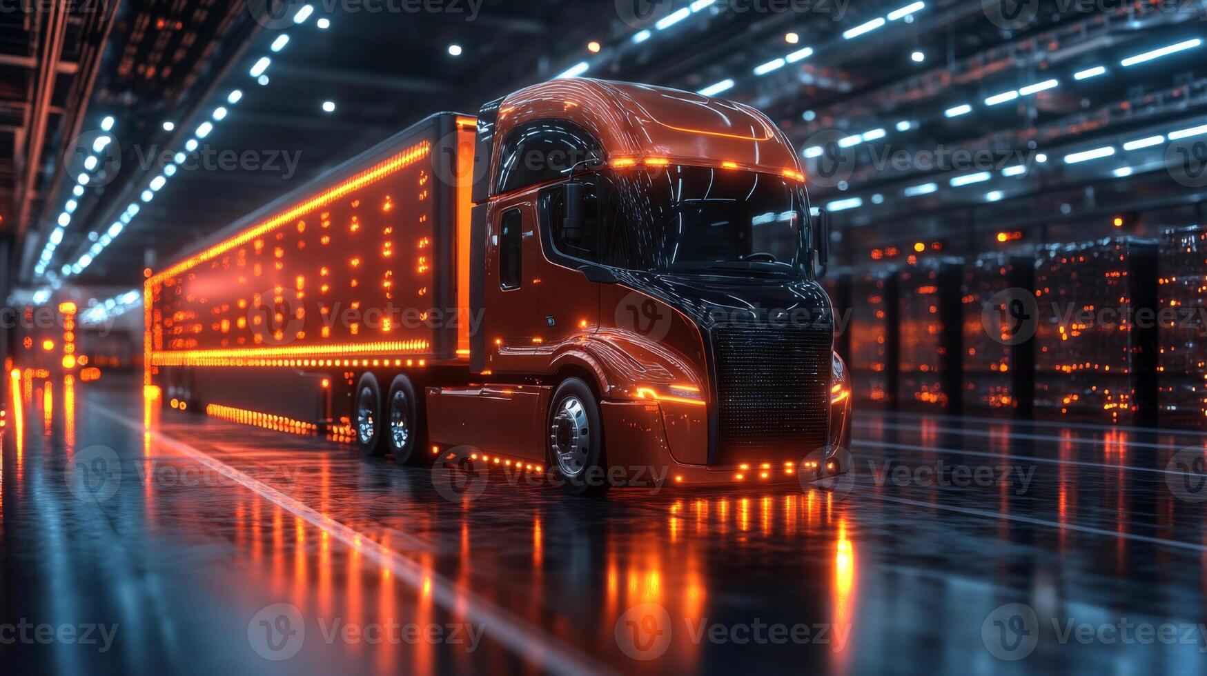 A state of the art warehouse showcases a bright red truck equipped with illuminated features, highlighting the efficiency of logistics and freight operations at night. photo