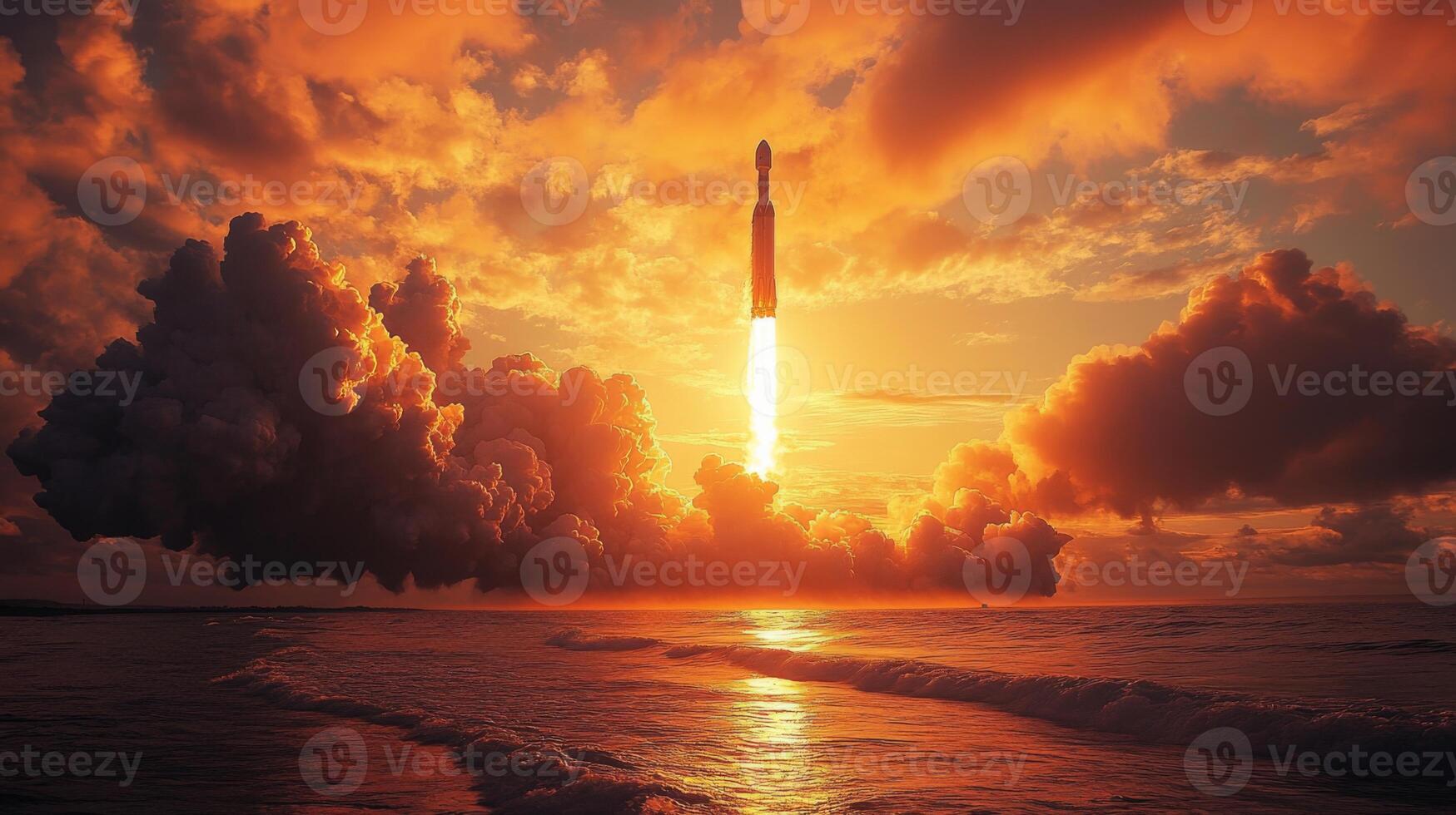 A powerful rocket lifts off from a coastal launch pad, surrounded by vibrant clouds and the glow of a sunset, demonstrating advancements in spaceflight technology and recovery methods. photo