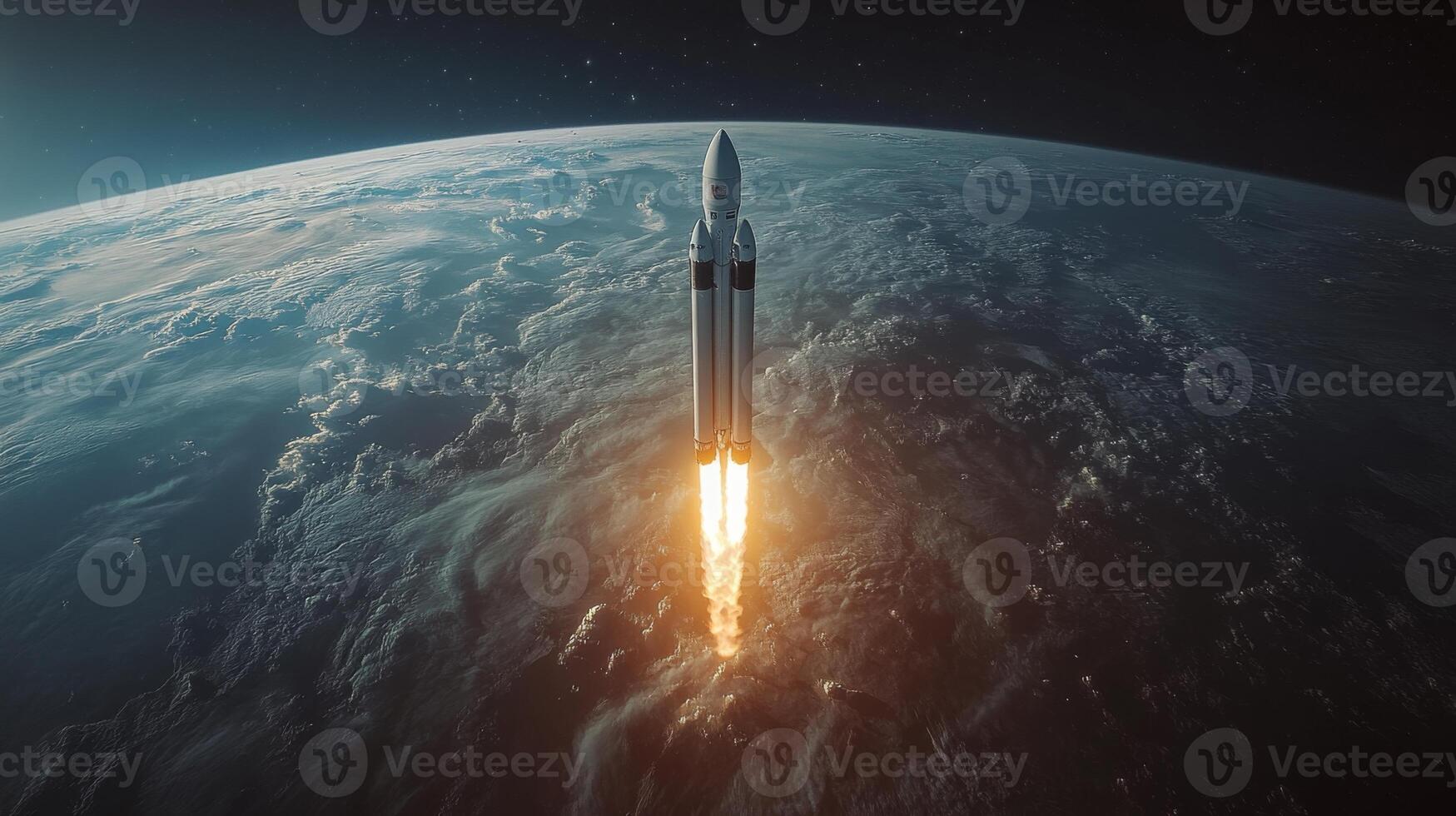 Bright flames propel the rocket into space as it ascends majestically from Earth's surface, showcasing advanced propulsion technology during launch. photo