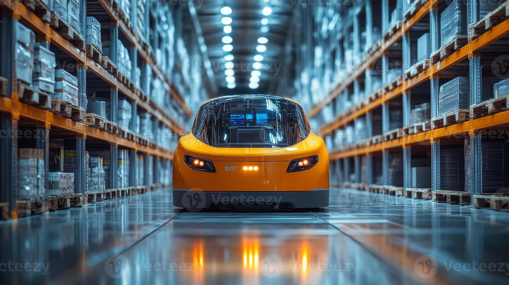 An automated vehicle moves seamlessly through a vast warehouse, expertly navigating aisles lined with pallets of cargo and stock, showcasing advanced logistics technology. photo