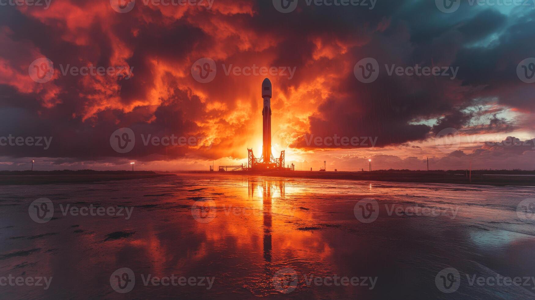 A rocket stands on the launch pad with a vibrant sunset backdrop, reflecting on a wet surface, ready for a space mission involving advanced aerospace technology. photo
