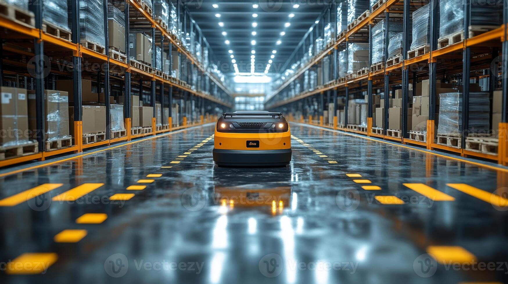 A robotic vehicle is moving through a well arranged warehouse featuring rows of shelves stocked with boxes. Bright lights illuminate the space, enhancing clarity of the inventory setup. photo