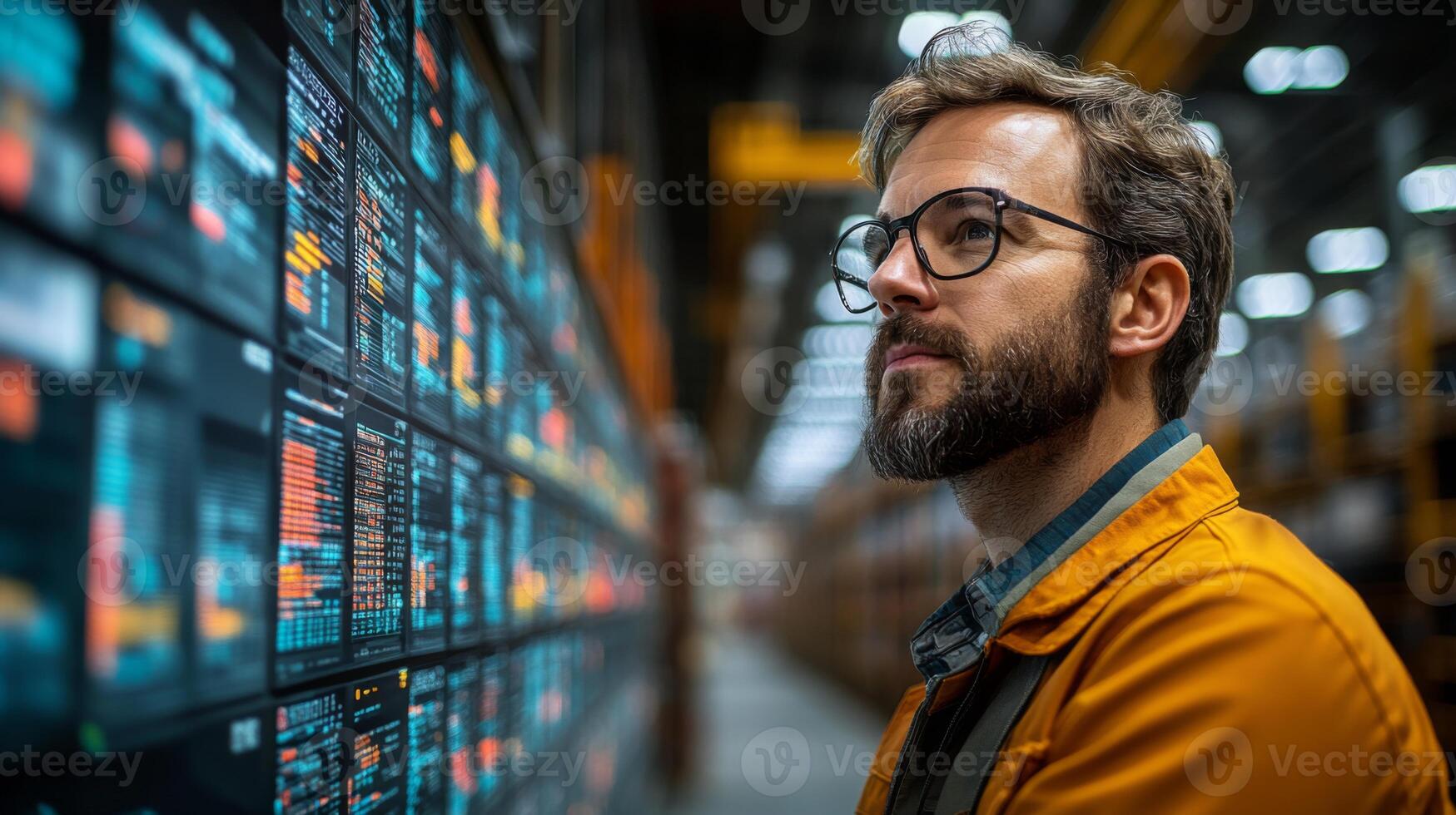 A worker in an orange jacket reviews digital inventory data displayed on monitors inside a large logistics warehouse filled with goods. photo