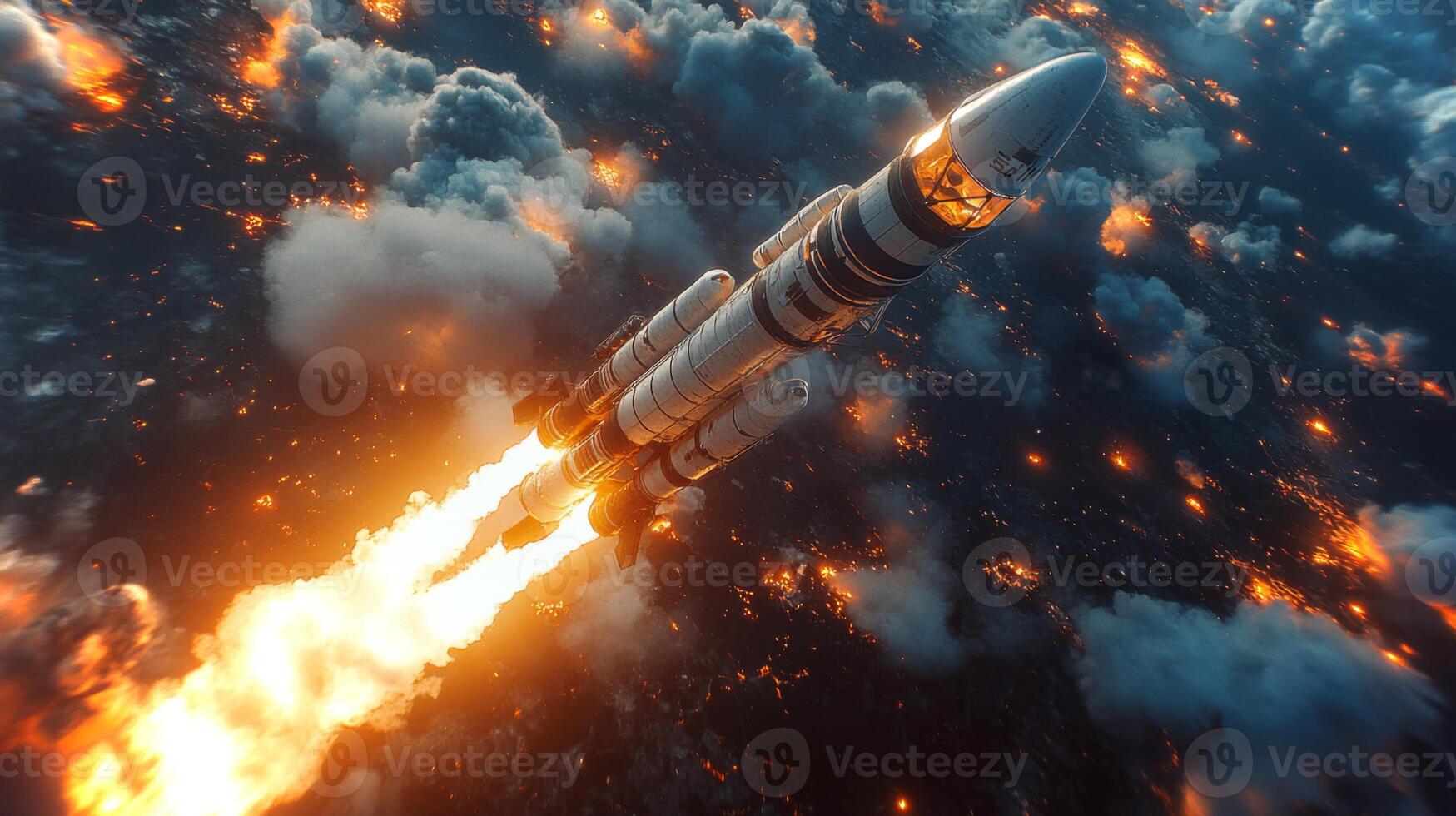 The rocket ascends into the sky, producing a fierce blaze as it launches from the ground. Smoke and fire envelop the boosters, creating an intense atmosphere during takeoff. photo