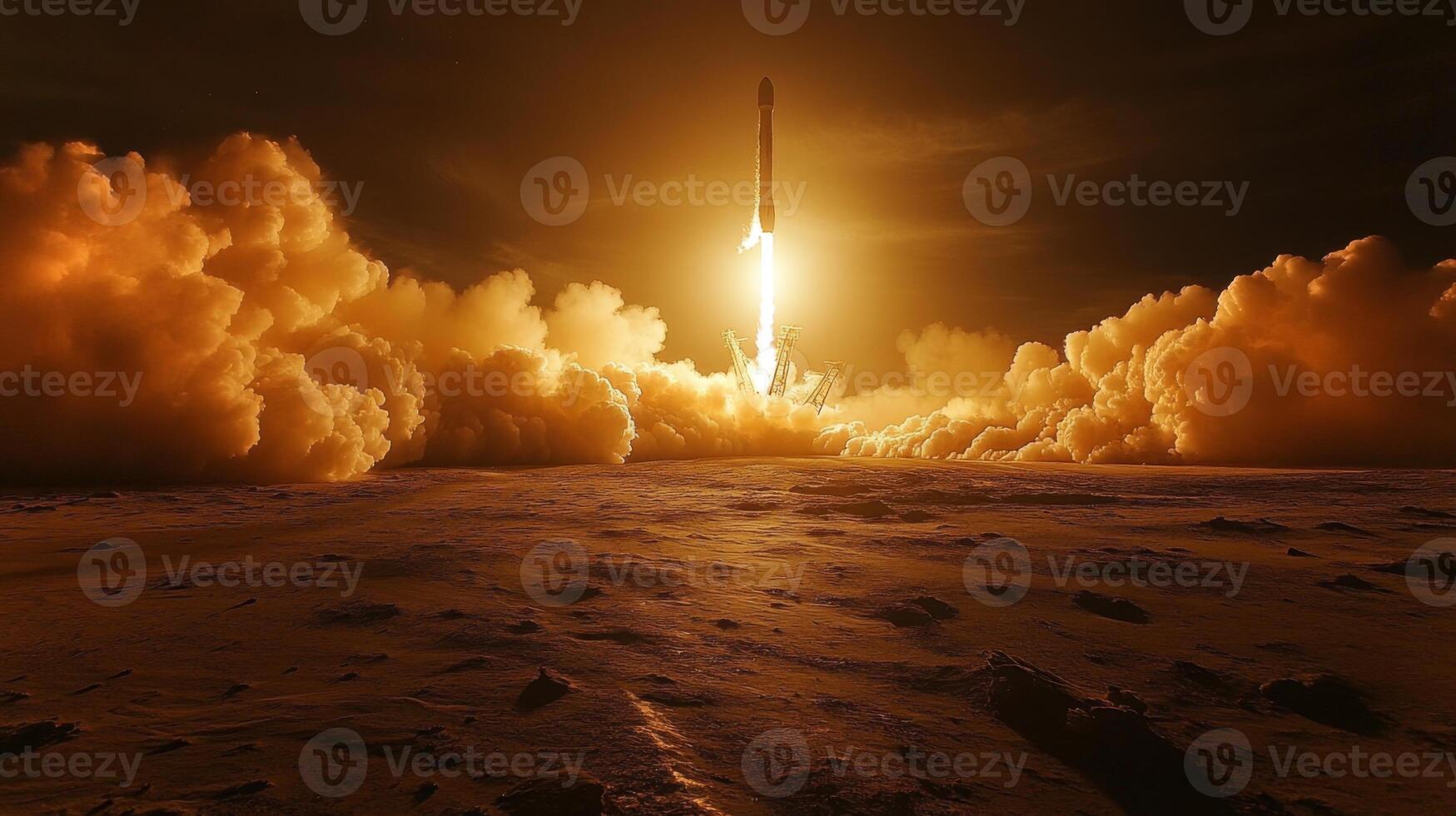 Explosive power drives the rocket skyward, surrounded by plumes of smoke and fire beneath a dimly lit sky, highlighting the majesty of spaceflight and engineering innovation. photo