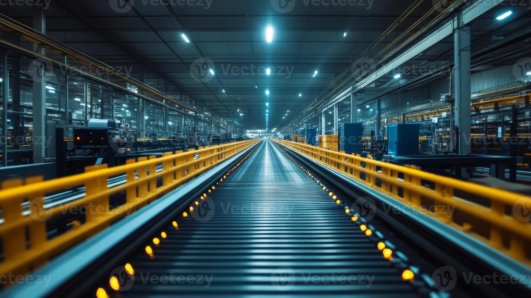 A long conveyor belt stretches through a spacious warehouse filled with neatly organized storage areas designed for logistics and freight handling. photo