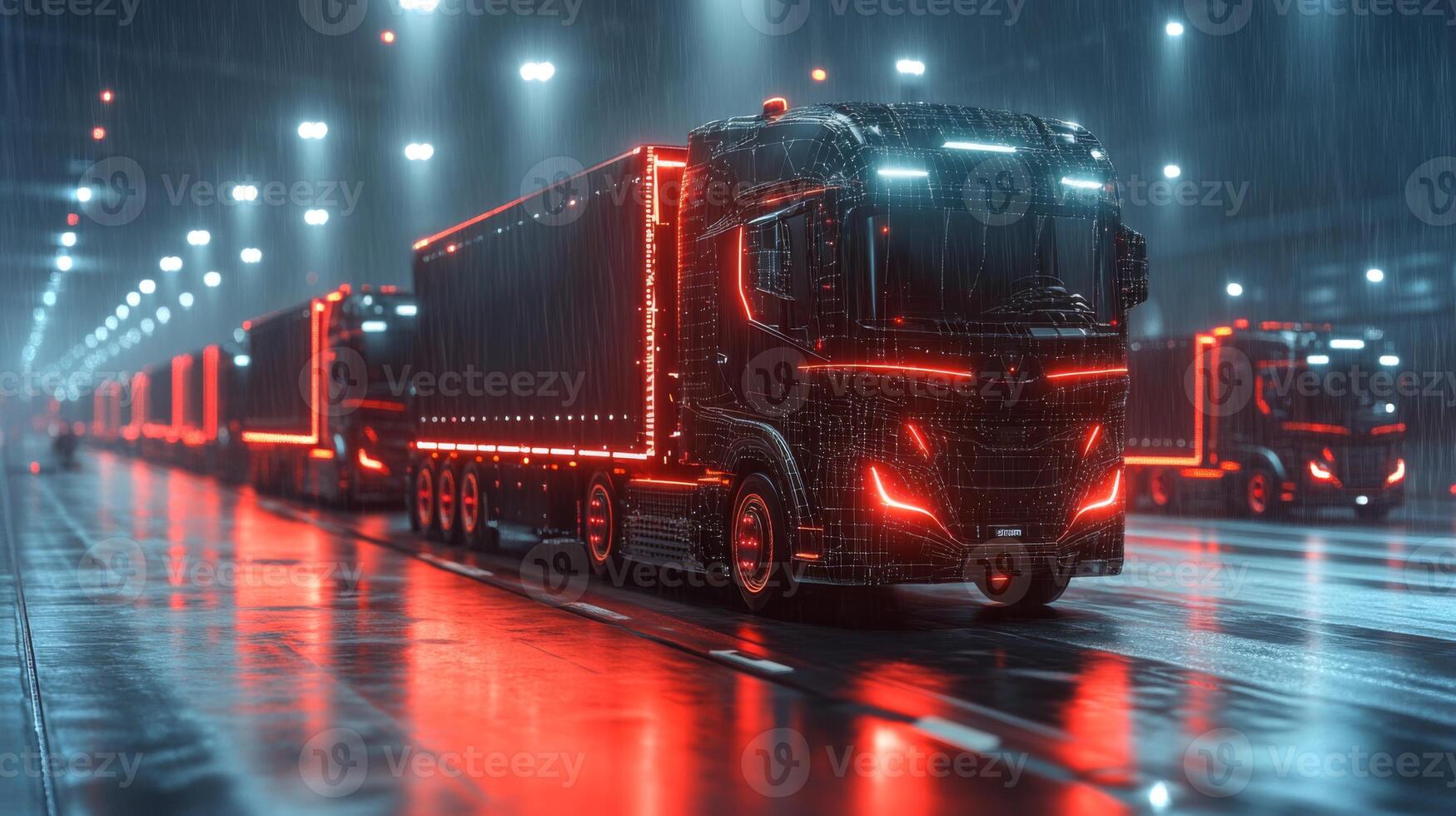 Heavy duty trucks lined up within a warehouse are illuminated by vibrant lights against a backdrop of rain, highlighting an active logistics and distribution environment. photo
