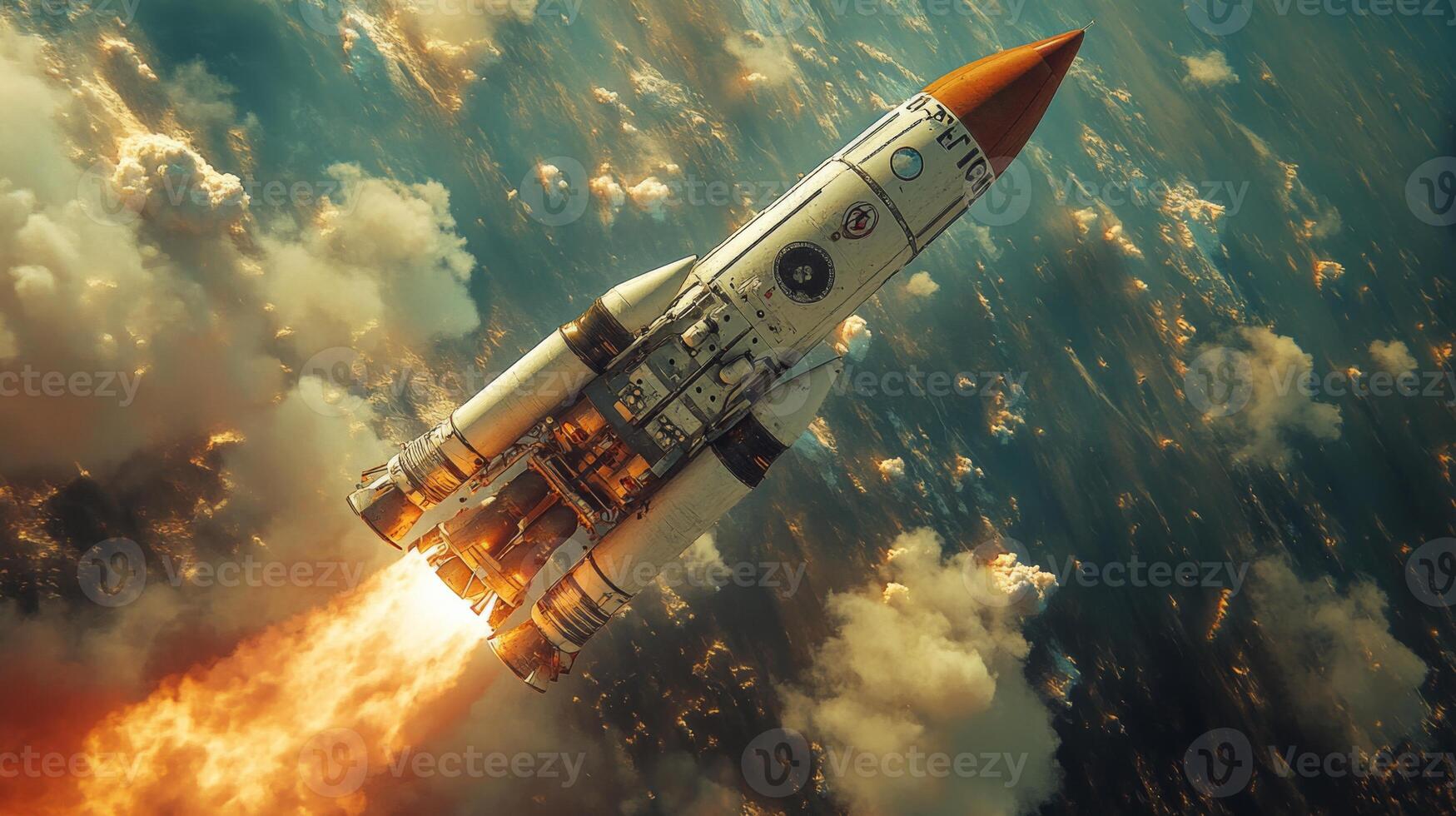The rocket ignites its boosters as it ascends through a thick atmosphere, leaving behind a trail of flames and smoke, showcasing the power of space exploration and propulsion. photo