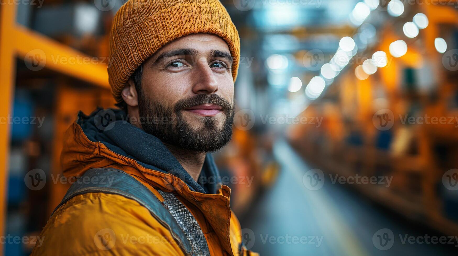 A logistics worker in an orange jacket and knitted hat stands confidently in a busy warehouse, monitoring inventory and distribution processes in a well lit environment. photo