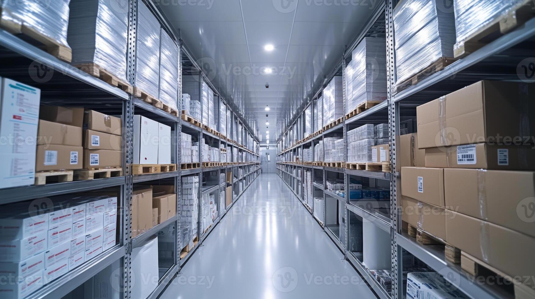 Rows of stacked boxes and pallets fill a clean, spacious warehouse designed for efficient storage and management of inventory and freight. Bright lighting enhances visibility. photo