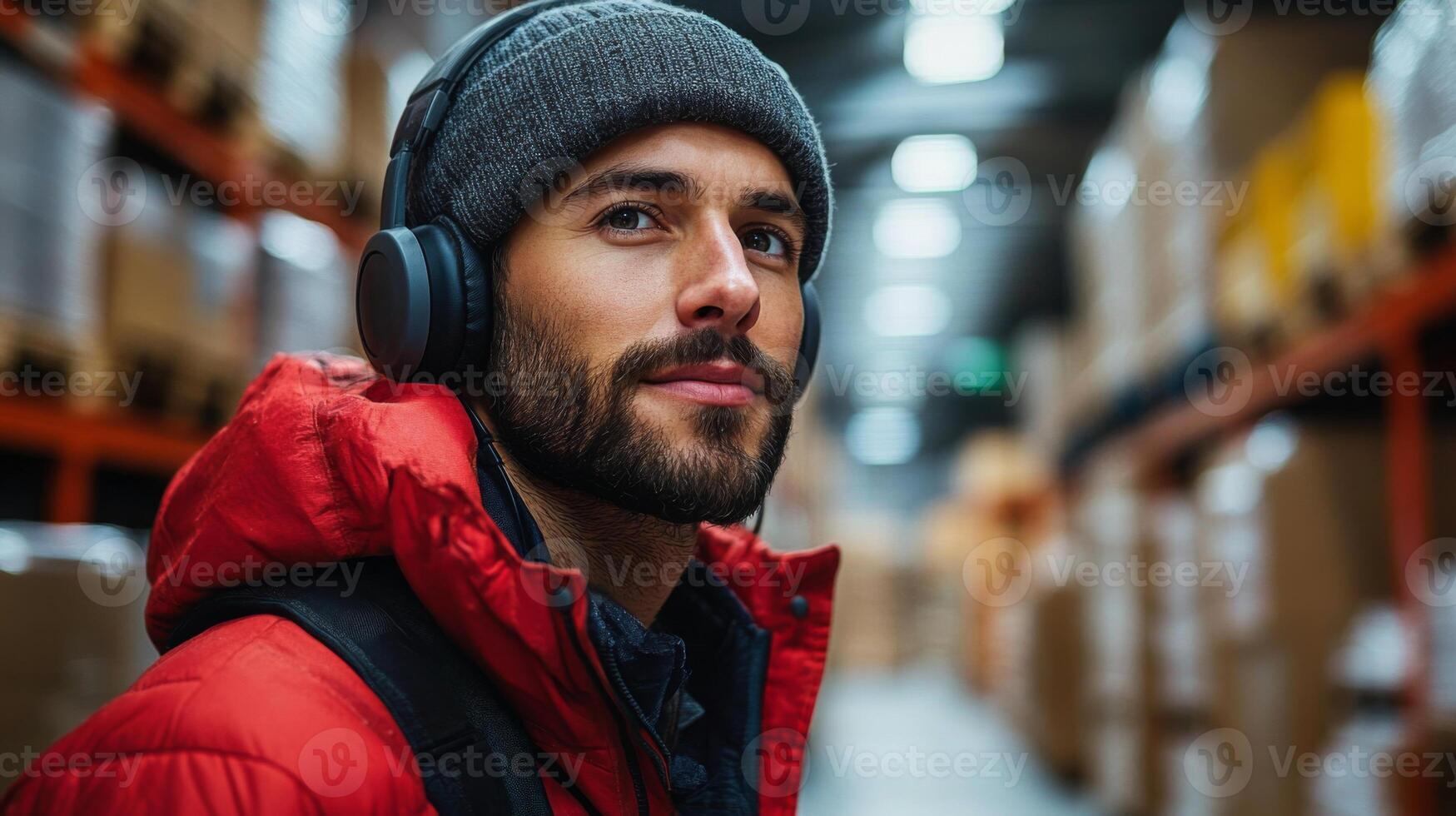 A warehouse worker in a red jacket and headphones stands confidently among shelves filled with cargo and boxes, engaged in inventory tasks during a shift. photo