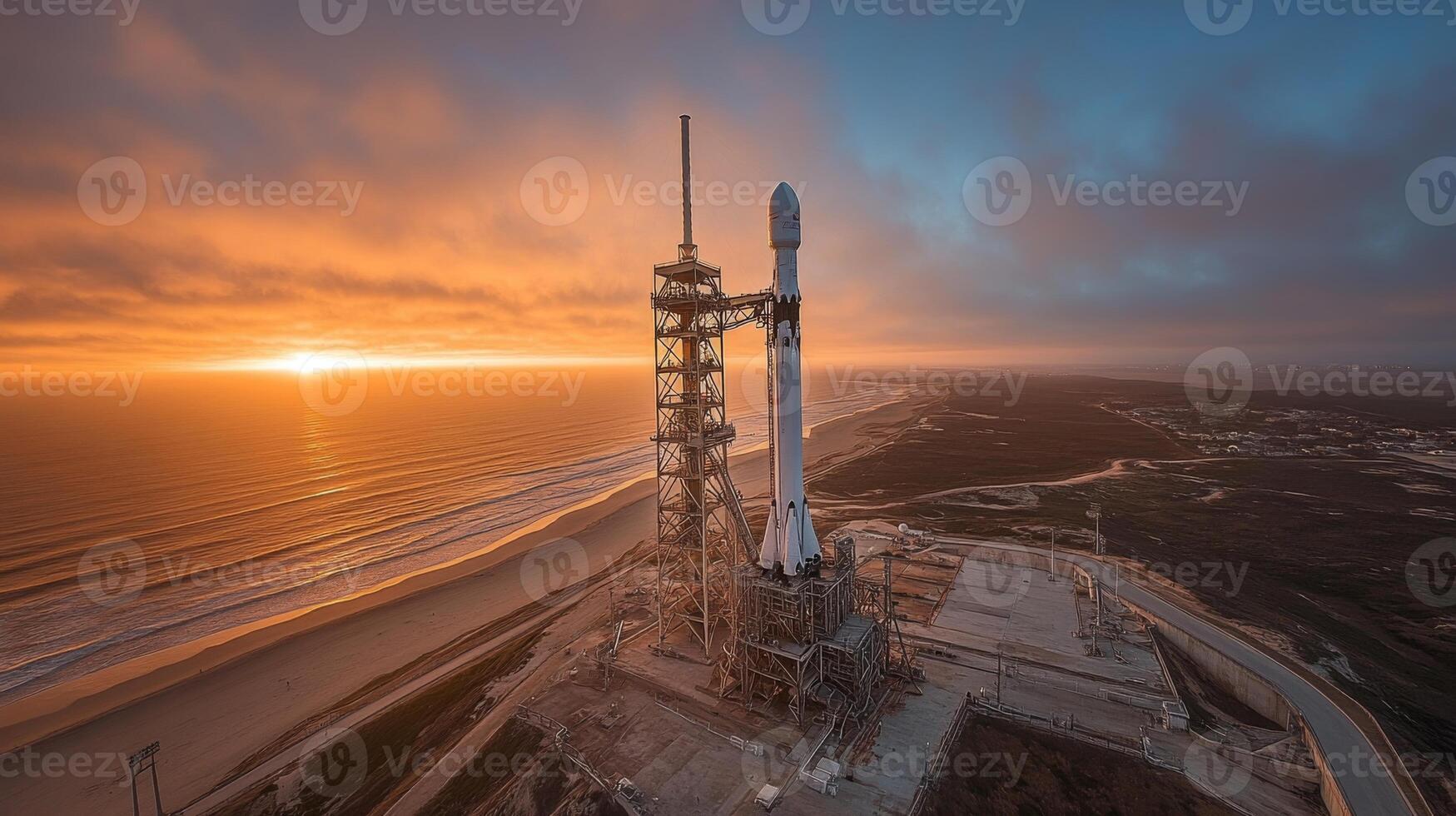 A rocket stands ready for launch on the launchpad as the sun rises over a serene coastal landscape, highlighting the advancements in space exploration and propulsion. photo