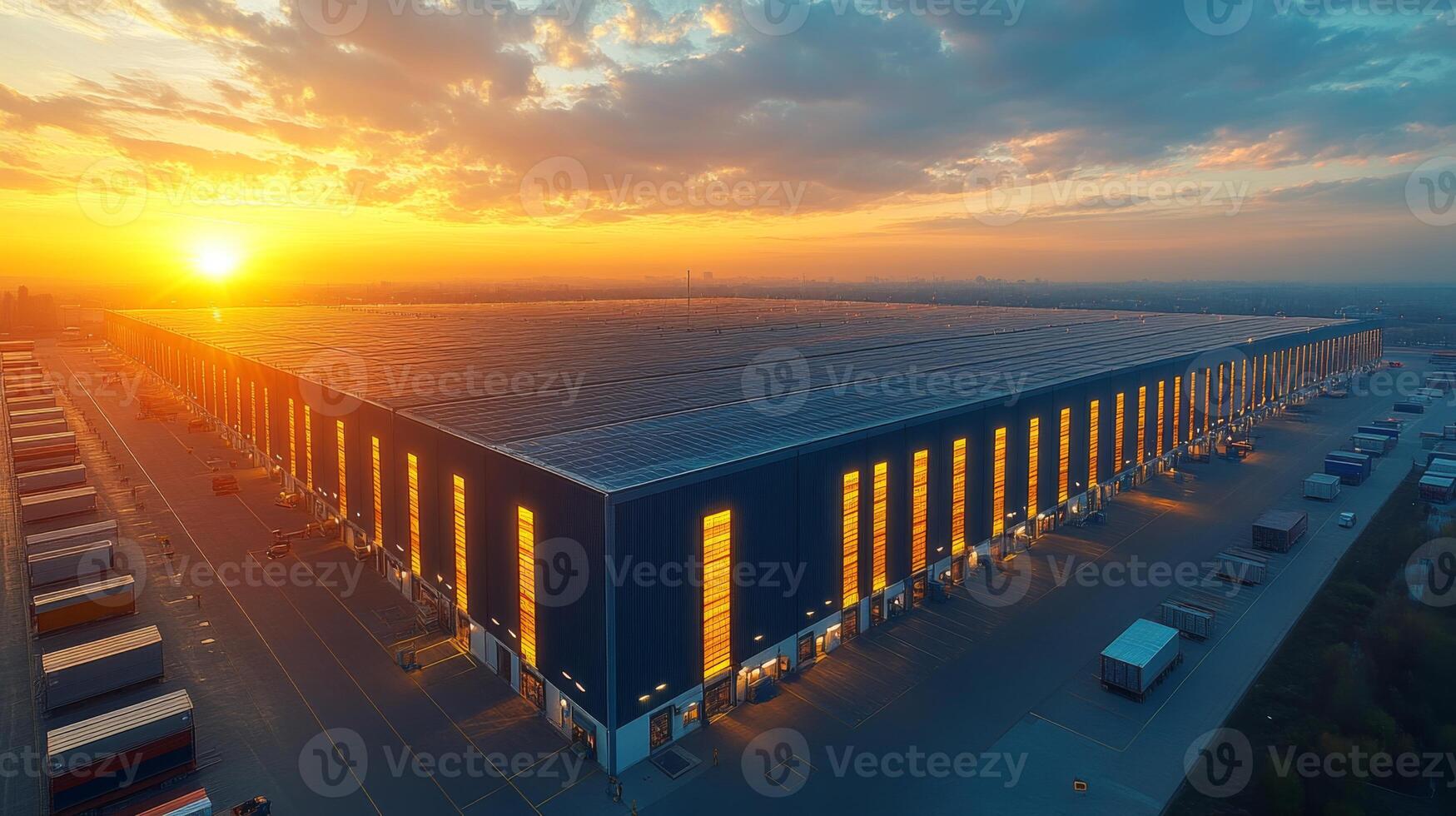 Large logistics warehouse illuminated by sunset, featuring sorting areas and storage capacity. Trucks parked nearby indicate ongoing distribution activities during evening hours. photo