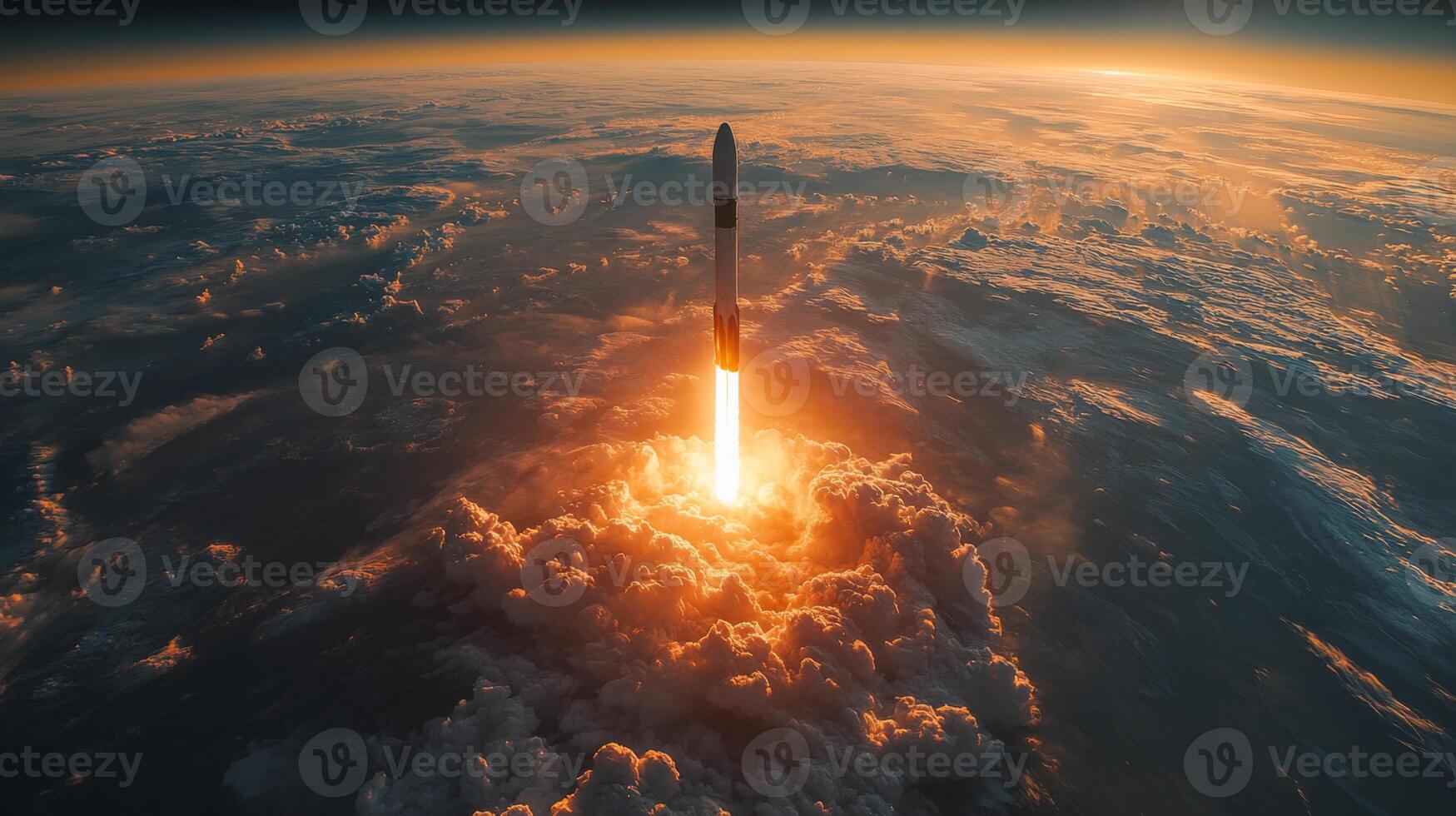 Rocket engines fire as the spacecraft ascends from Earth, creating a spectacular display of light and smoke. This powerful launch showcases advanced aerospace technology in action. photo