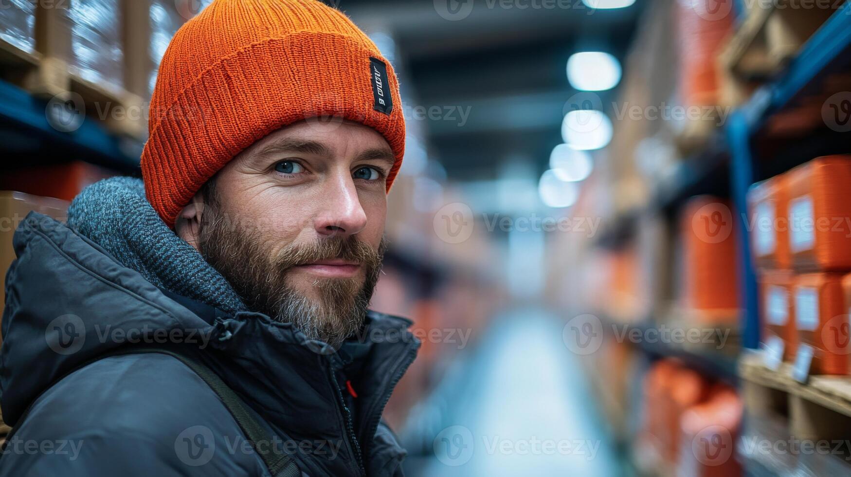A focused worker wearing an orange beanie stands in a warehouse aisle surrounded by shelves of neatly stacked boxes. The evening lighting highlights the organized layout. photo