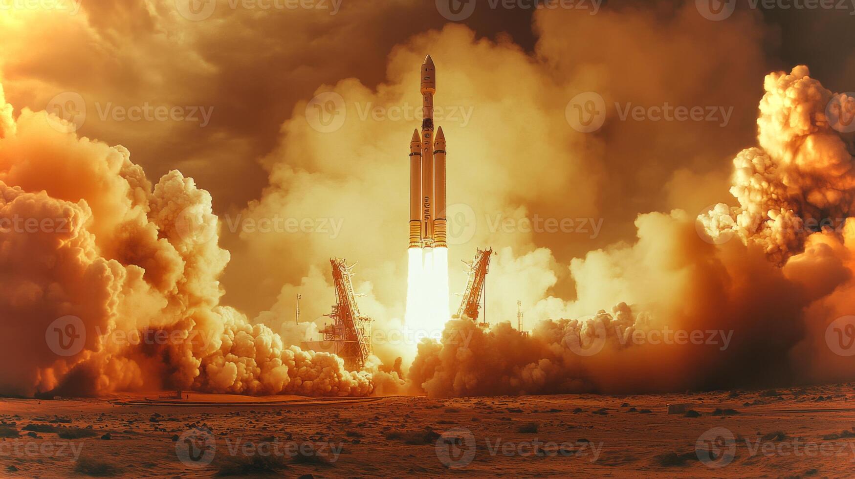 A rocket embarks on its journey into space, surrounded by a thick cloud of smoke and fire. The moment captures the thrust and power essential for liftoff amidst a breathtaking evening sky. photo