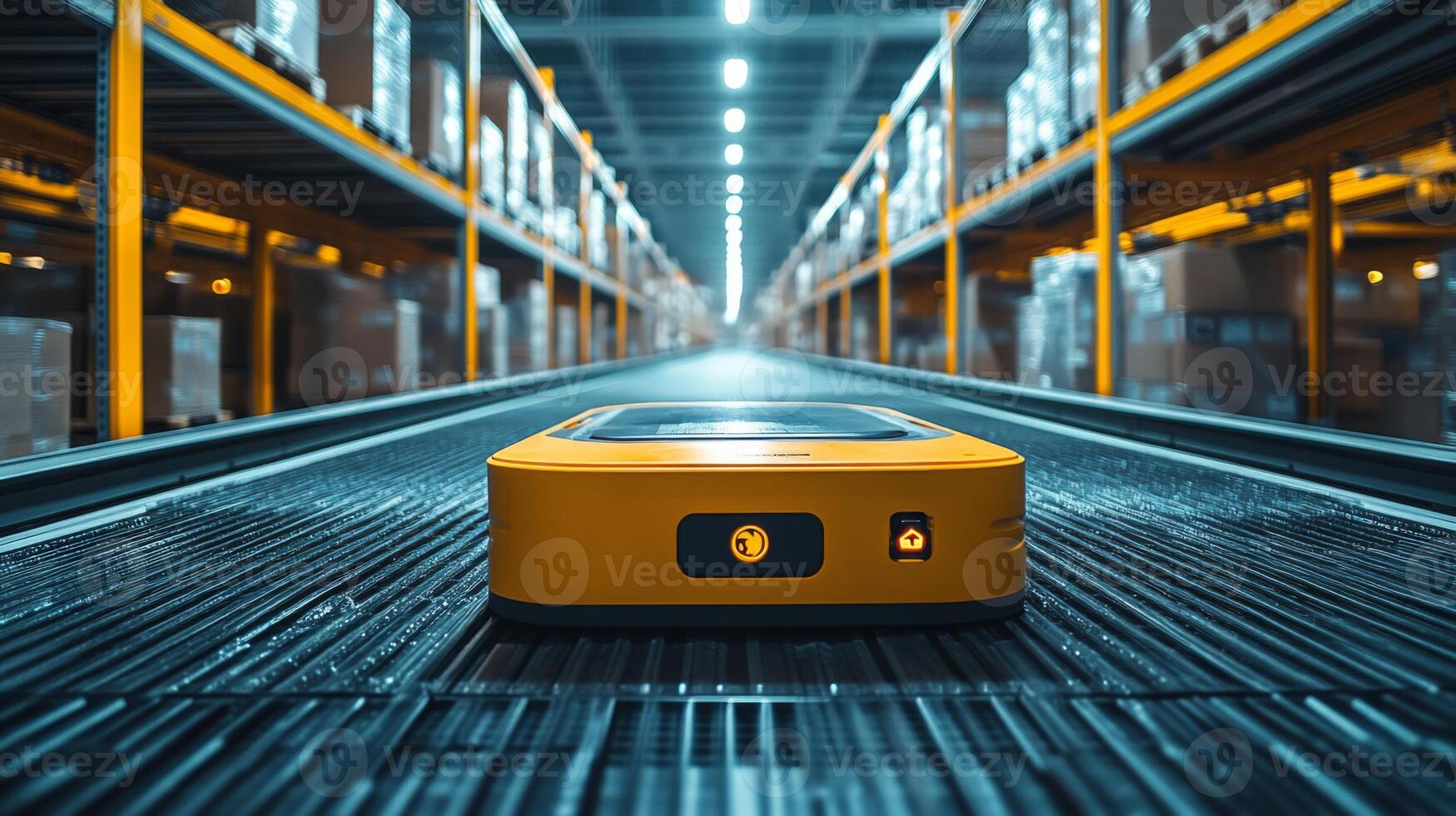 An automated robot moves along a structured path in a busy warehouse, aiding in inventory management and sorting of packages in a distribution hub. The environment is organized with rows of shelves. photo