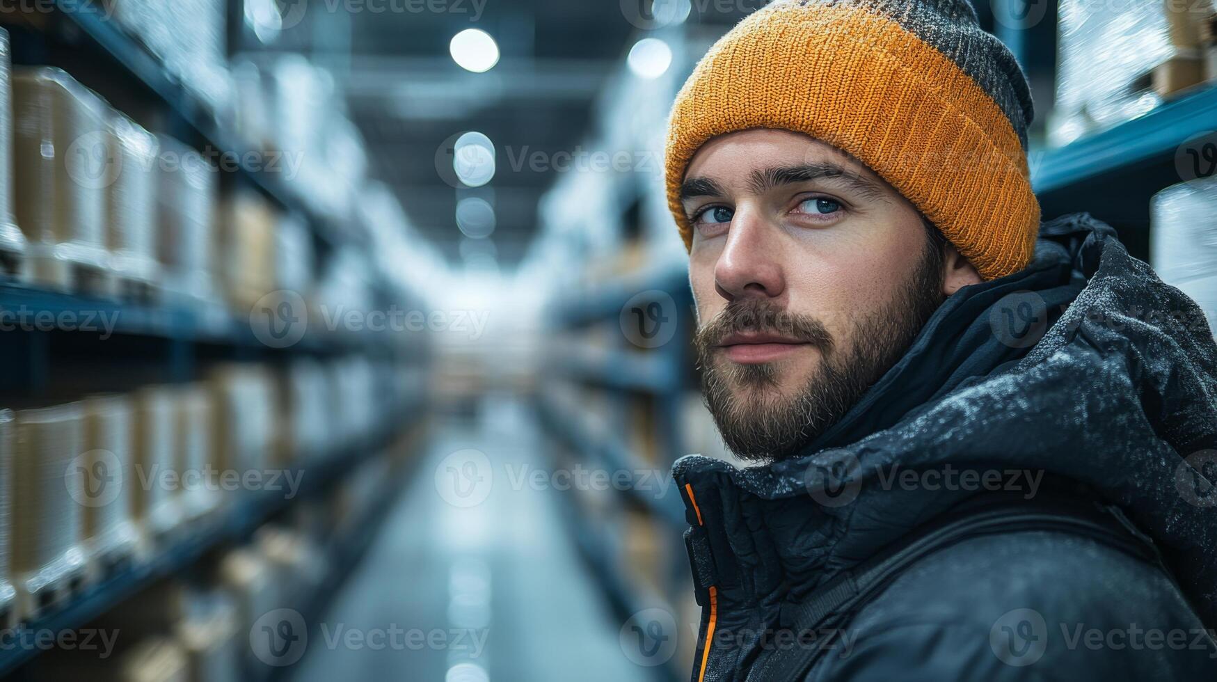 A worker in a warm hat stands in a warehouse aisle surrounded by shelves filled with packaged goods, actively overseeing inventory and sorting tasks during a fulfillment operation. photo