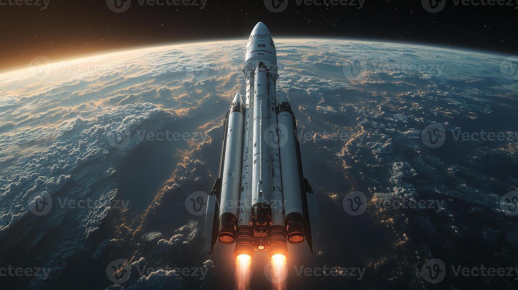 A powerful rocket ascends into the sky, propelled by strong engines, as it leaves Earth's atmosphere behind, highlighting space exploration and advanced aerospace technology. photo
