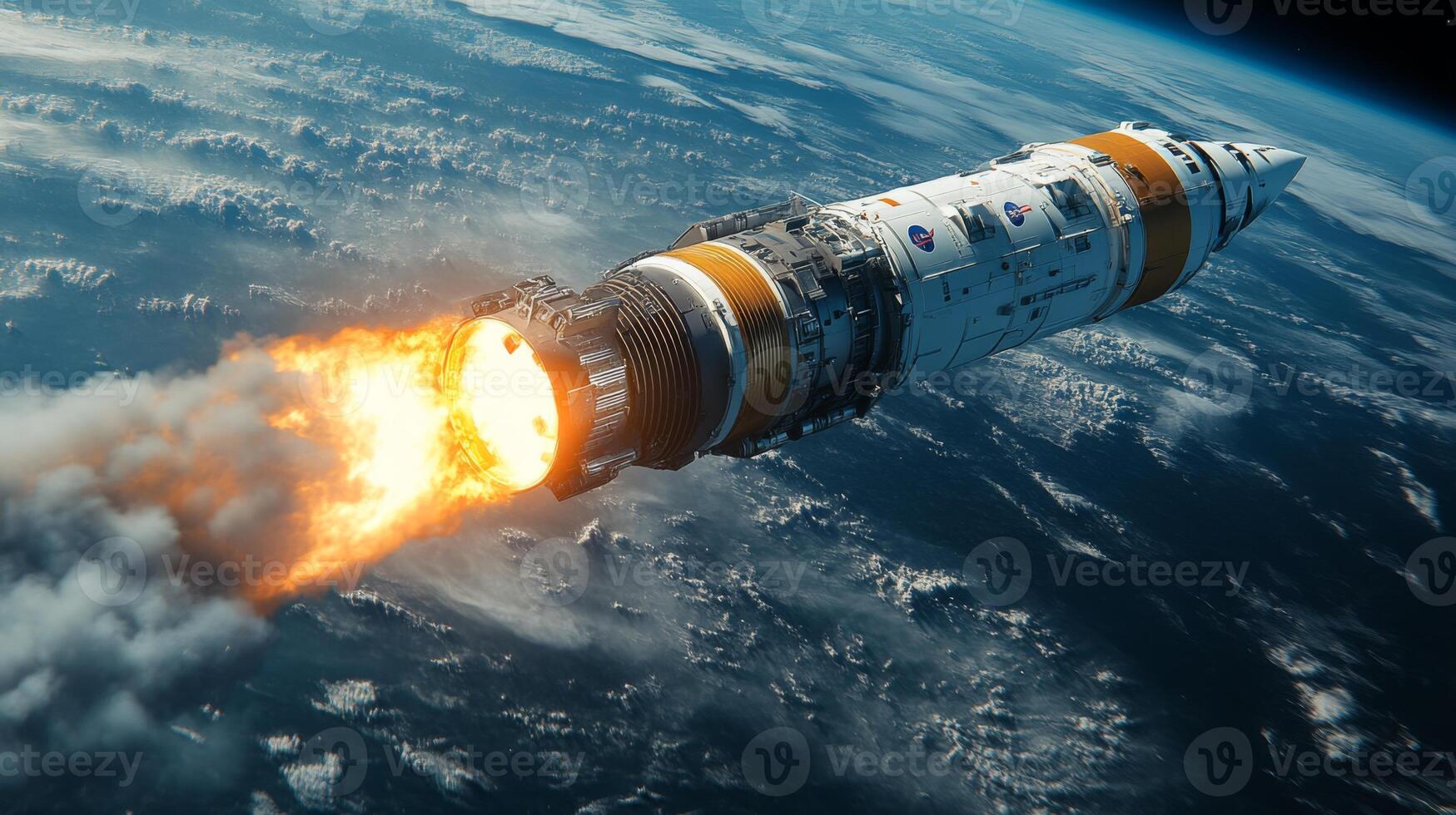 A powerful rocket ignites its engines, expelling flames as it ascends into orbit, highlighting the marvels of aerospace engineering against the backdrop of Earth. photo