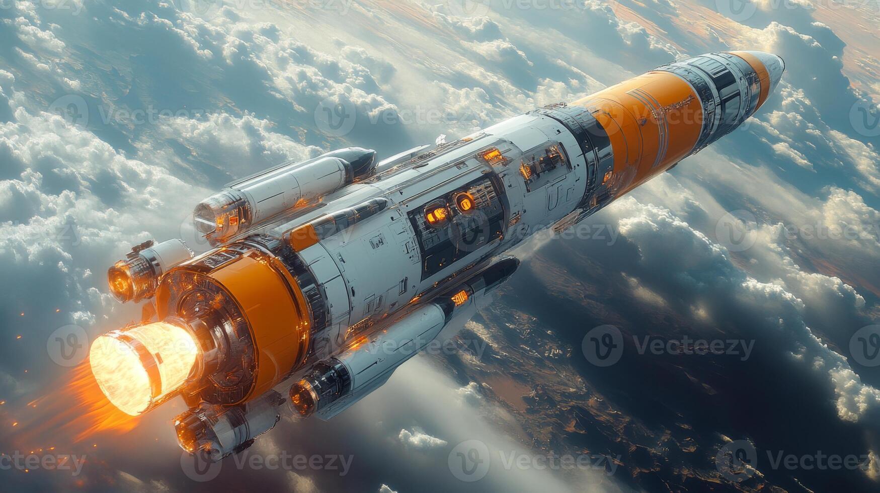A rocket is ascending with its engines ignited, releasing flames and smoke as it embarks on a space mission. It is soaring through clouds, illustrating the power of modern propulsion technology. photo
