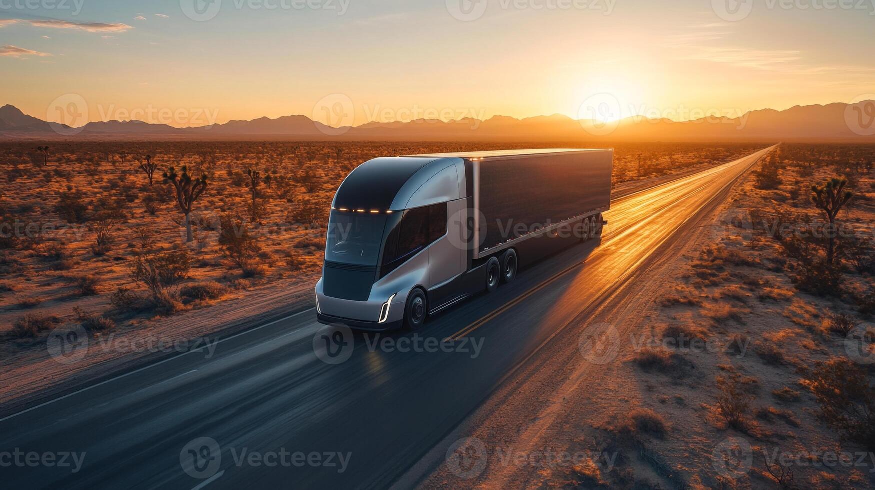 A sleek truck transports goods along a deserted highway at sunrise, surrounded by a striking desert landscape and mountain silhouettes in the background. photo
