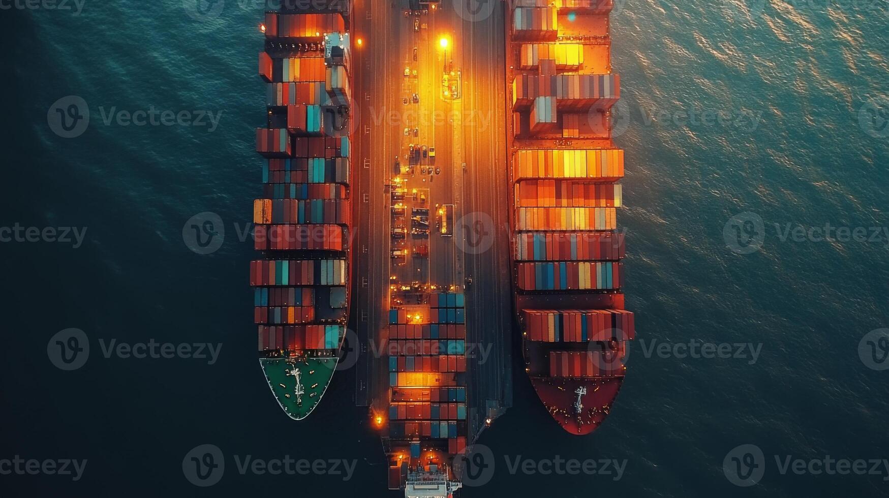 At twilight, two large cargo ships are docked at a shipping port surrounded by containers ready for transport. Cranes are actively engaged in loading and unloading goods. photo