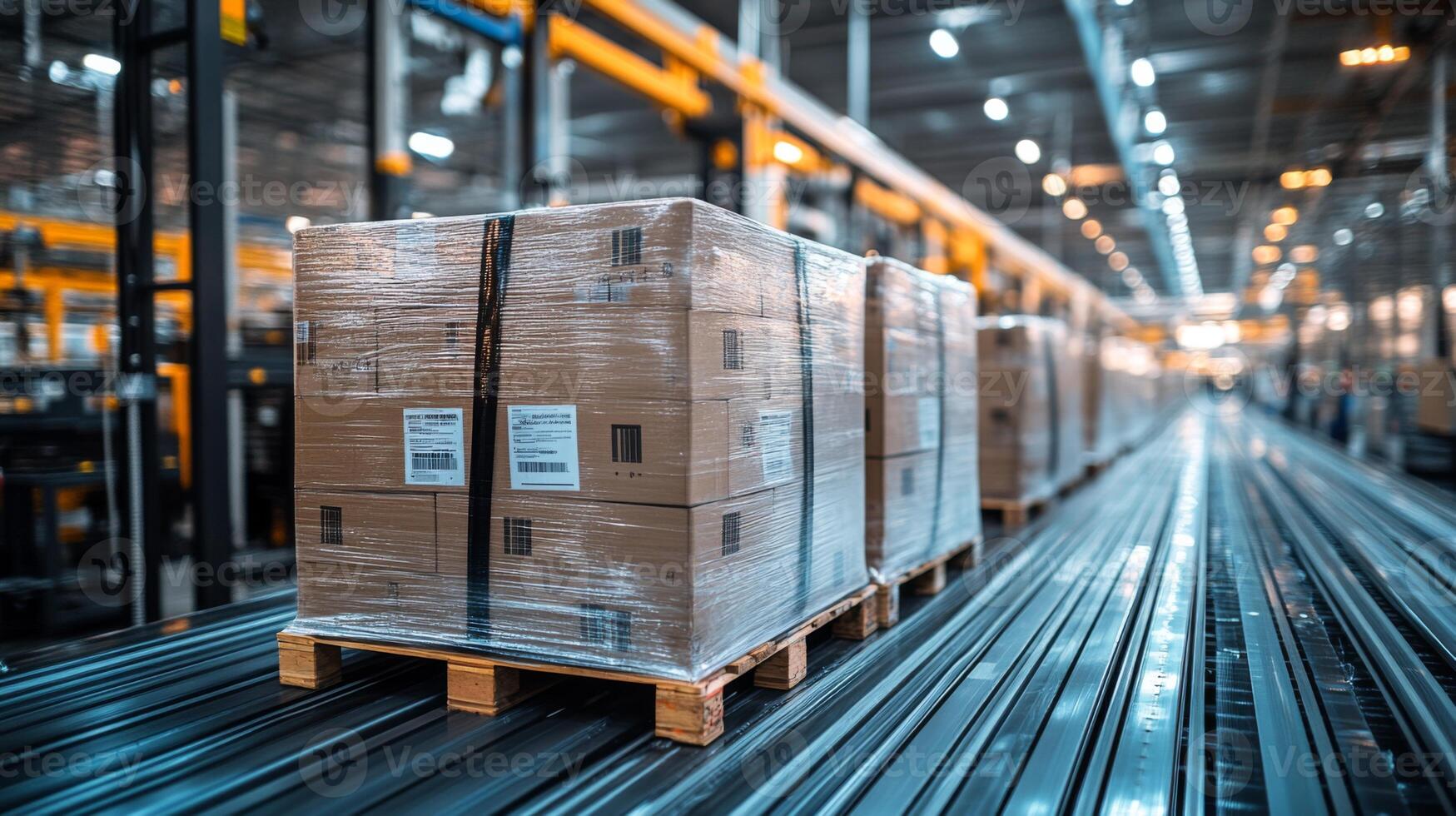 Pallets of securely wrapped cargo are lined up in a well lit warehouse, showcasing an organized distribution setup focused on streamlined inventory management. photo