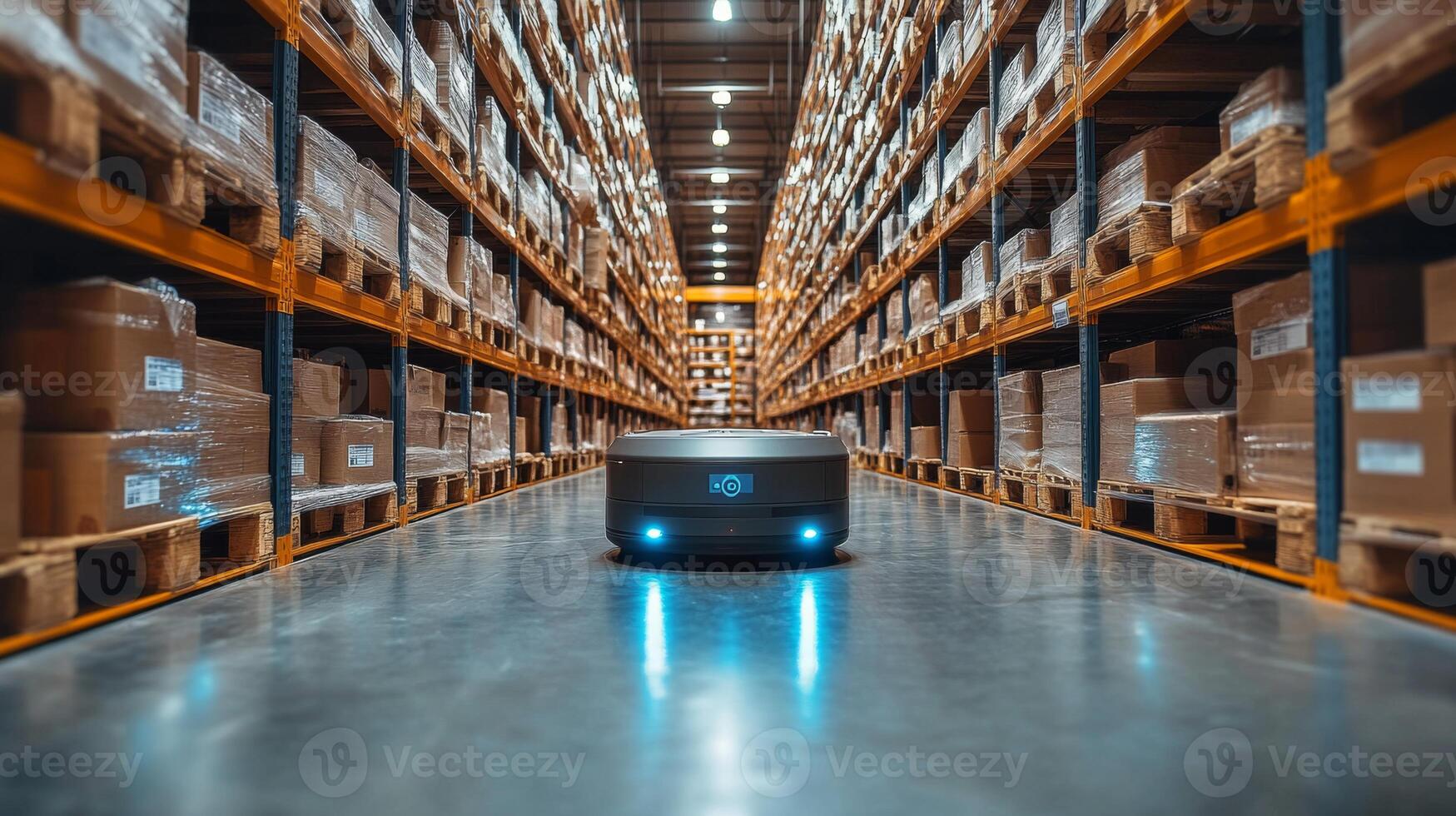 A robotic device navigates through a spacious warehouse filled with shelves stacked with boxes, enhancing sorting and fulfillment processes during busy working hours. photo