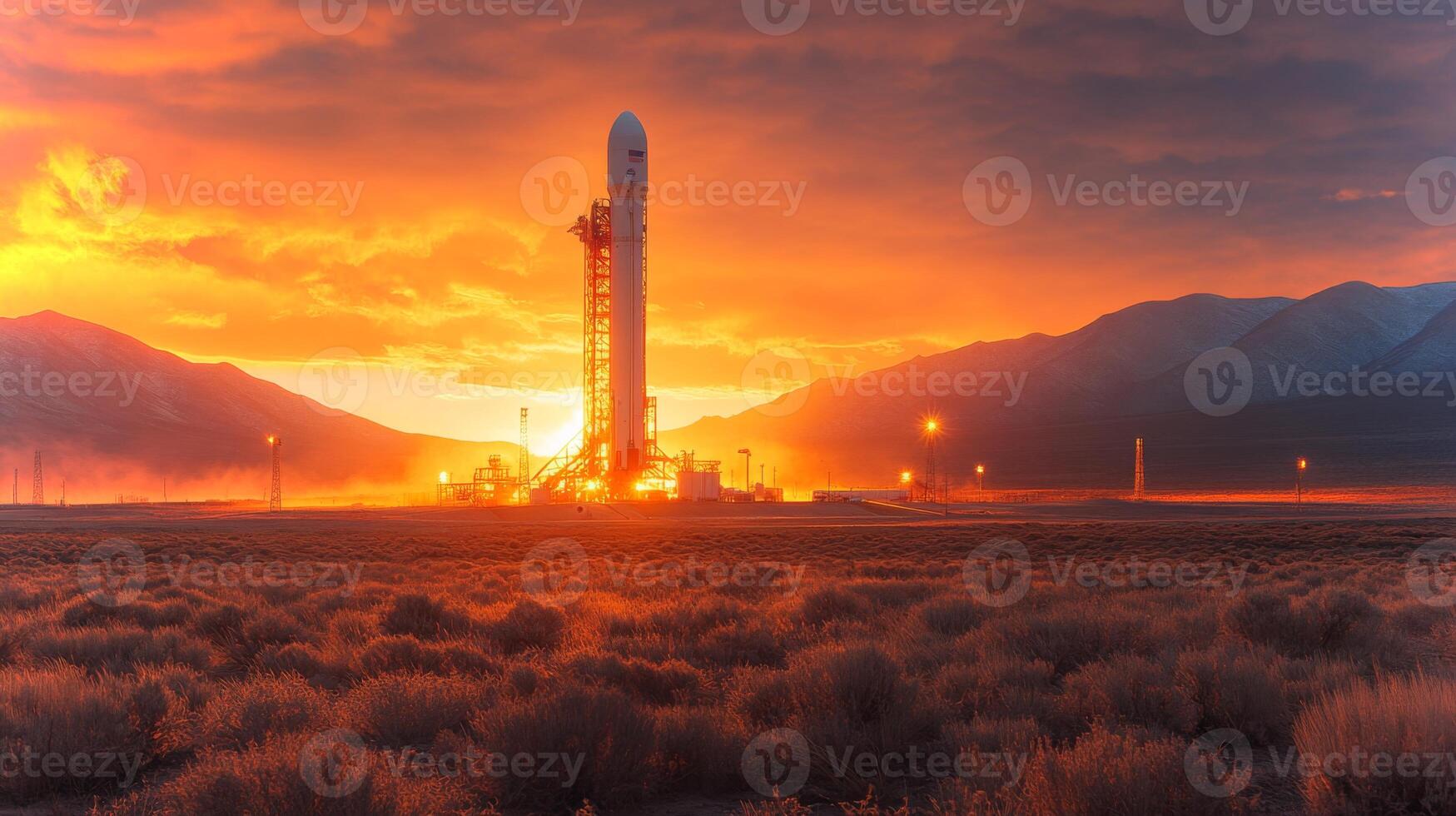 Rocket stands ready for launch against a vibrant sunset sky, igniting its engines as it prepares to embark on a spaceflight mission from a remote launch site surrounded by mountains. photo