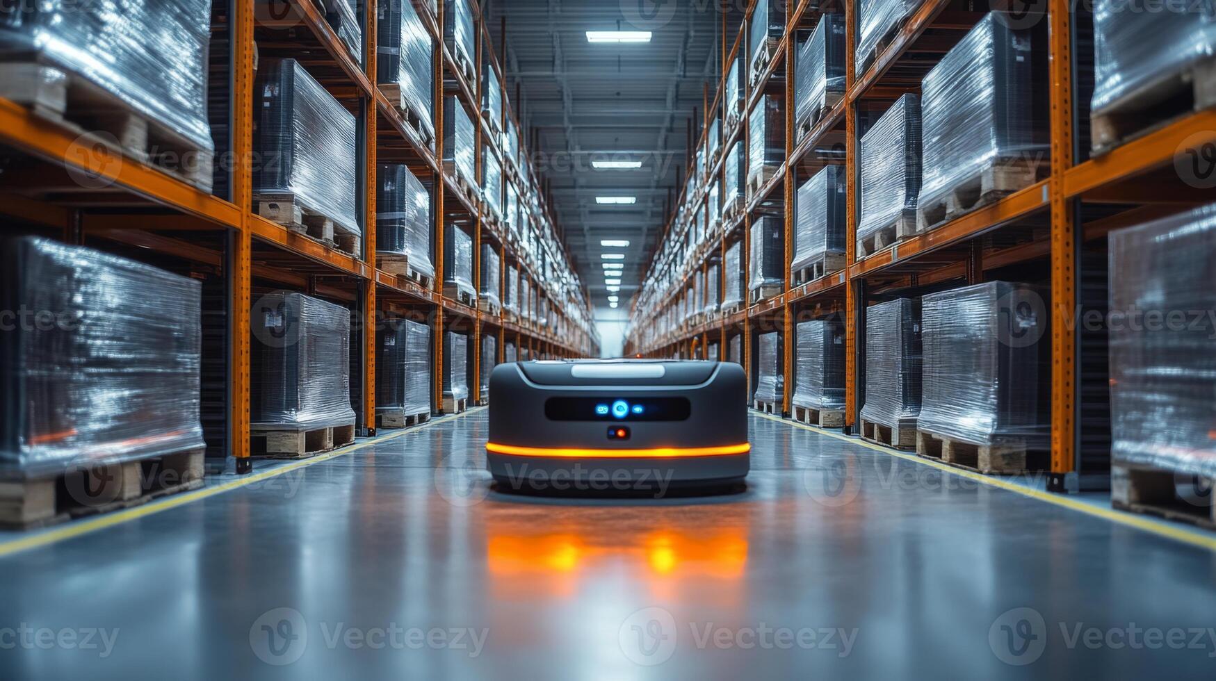 A robot moves along the polished floor of a spacious warehouse lined with tall shelves stacked with pallets, optimizing distribution and storage processes during operations. photo