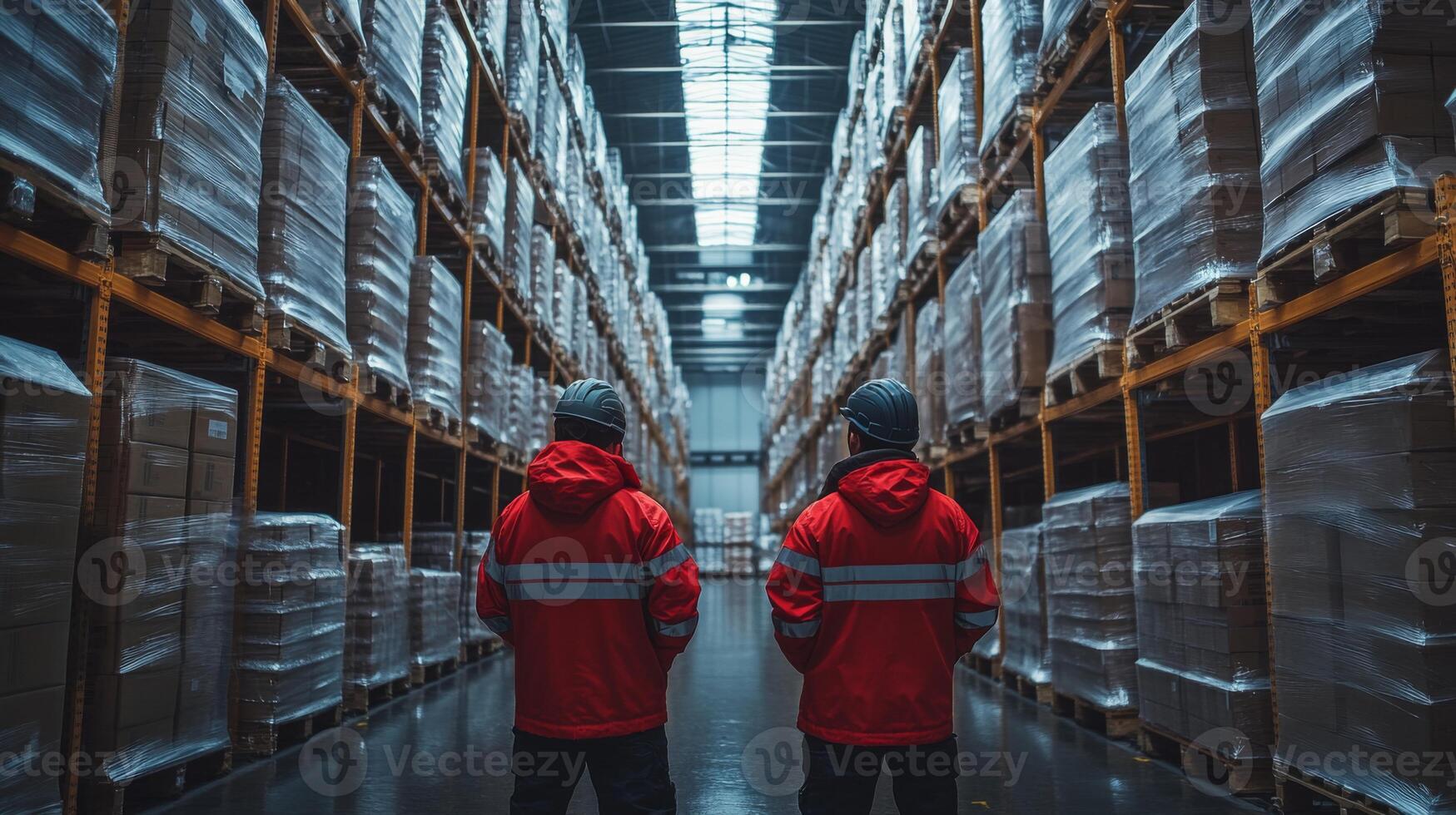 Two workers in safety gear stand facing rows of pallets in a spacious warehouse, monitoring the organized inventory and logistics processes during daylight hours. photo