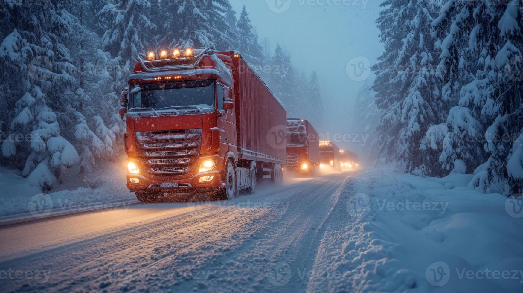 Multiple trucks navigate a snow covered road in a forest, efficiently transporting goods amid challenging winter conditions to support logistics and distribution efforts. photo