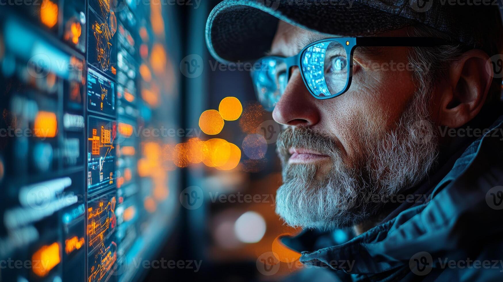 A logistics professional analyzes real time data on a digital display in a modern warehouse distribution center dedicated to inventory management and sorting activities during nighttime hours. photo