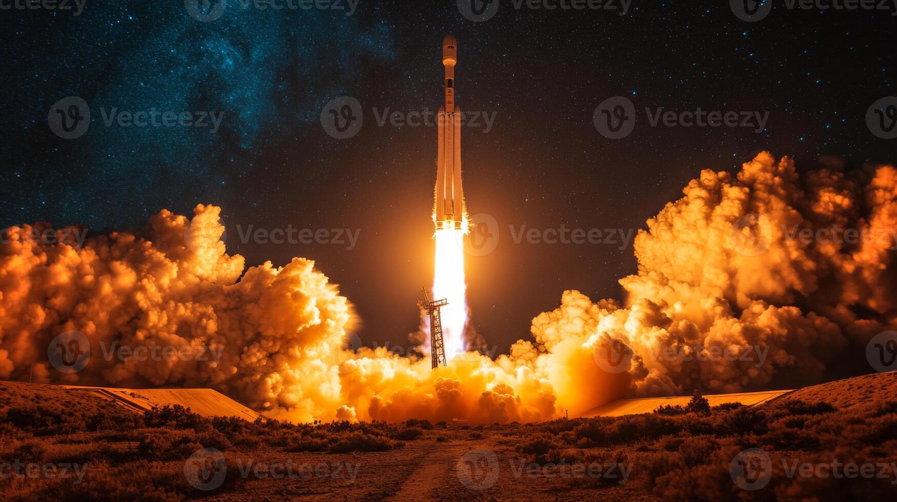 A rocket propels upward from the launchpad during nighttime, emitting a powerful glow as flames and smoke billow into the dark sky, marking the moment of lift off toward space. photo