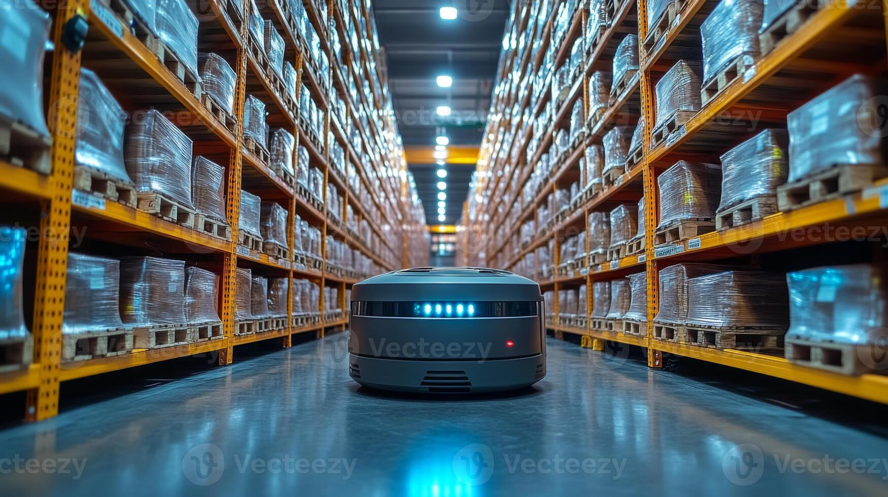 A robotic unit moves carefully along the aisle of a spacious warehouse, surrounded by neatly stacked pallets containing various goods ready for distribution. photo