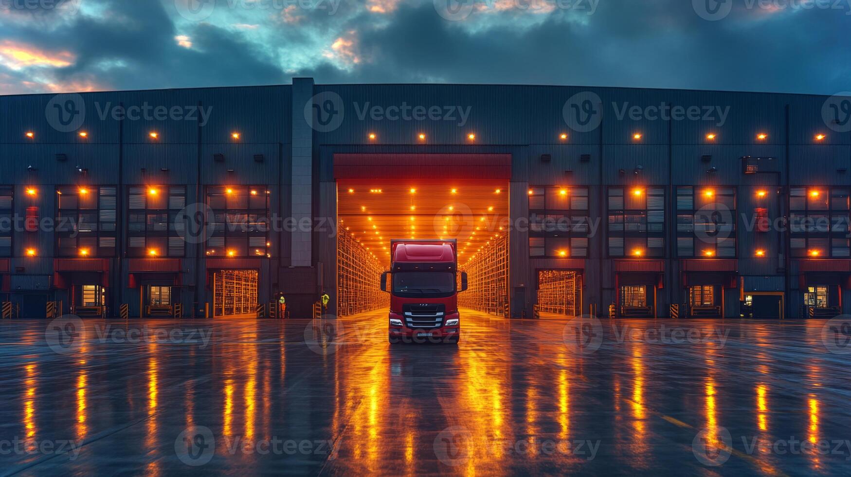 A large distribution warehouse stands illuminated at dusk with warm lights. A red freight truck is parked at the entrance, ready for loading. photo