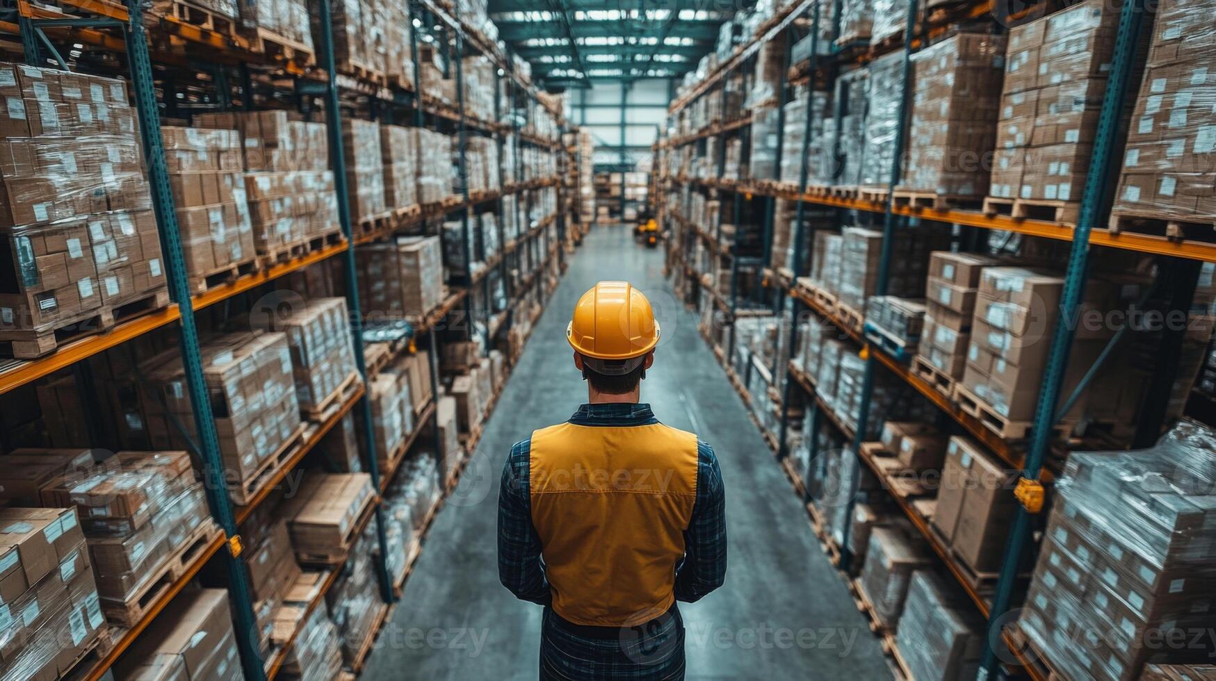 A warehouse worker wearing a yellow hard hat and safety, vest stands in a spacious distribution center looking at neatly arranged boxes and pallets in a well lit environment. photo