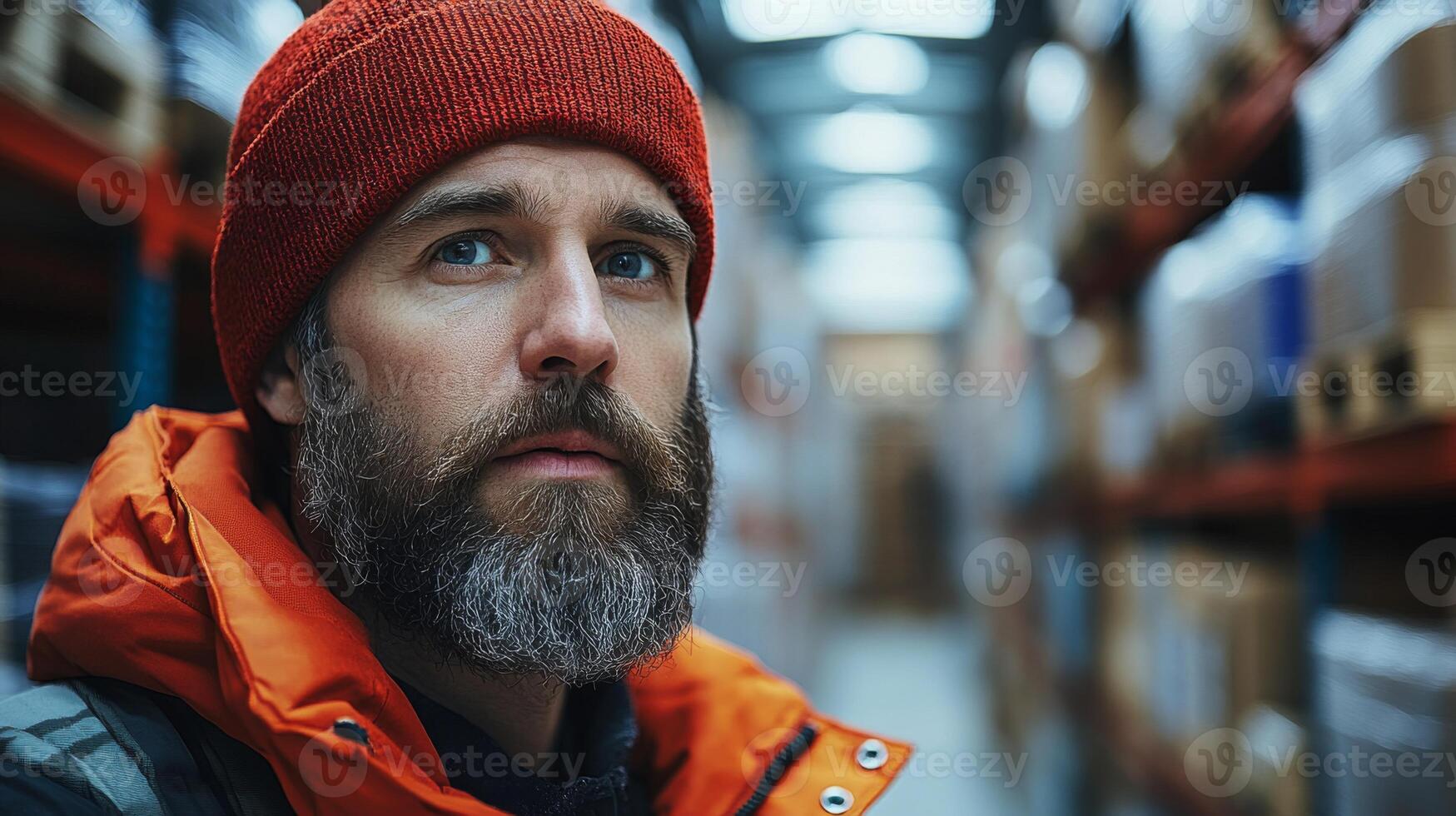 A warehouse worker is focused on tasks inside a logistics distribution center surrounded by shelves filled with various products. The environment is well lit from above. photo