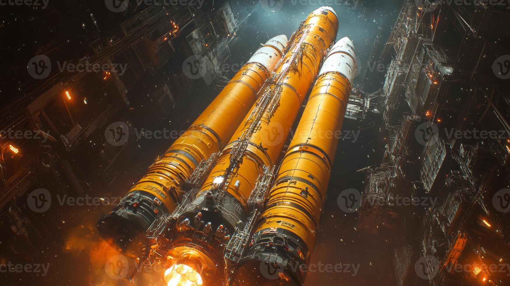 Rocket booster's engines ignite as it readies for lift off, illuminating the launch pad in a futuristic aerospace facility filled with intricate machinery. photo
