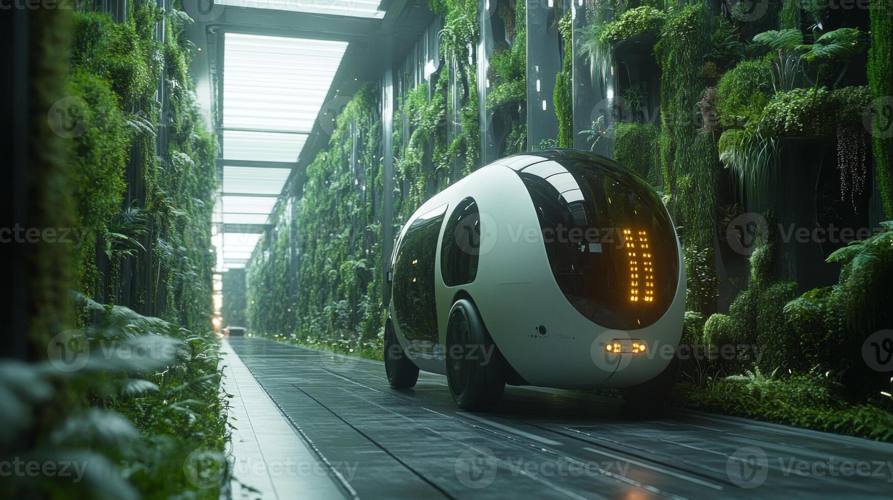 A futuristic delivery vehicle navigates a lush, green pathway within a modern warehouse, showcasing advanced technology in the logistics sector while promoting sustainability. photo