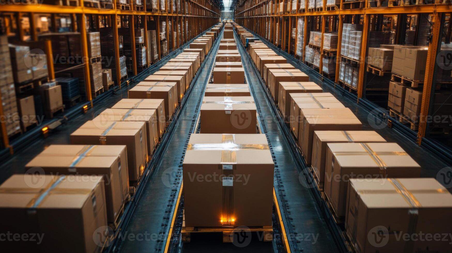 Boxes are systematically arranged in a spacious warehouse, showcasing a well structured logistics layout. This area is integral for inventory management and order fulfillment. photo