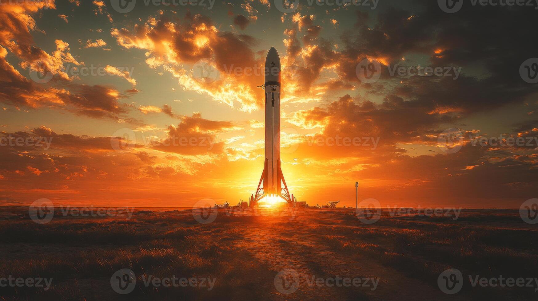 A rocket rises majestically in the foreground as the sun sets, highlighting the intersection of technology and nature during a significant launch event. photo