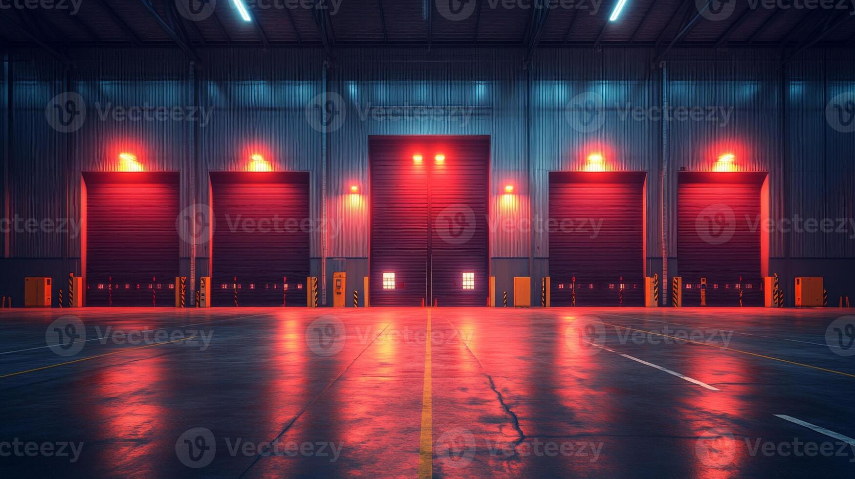 A spacious warehouse interior features illuminated loading docks with red lights, reflecting on the polished floor, signifying activity in a logistics and distribution center. photo