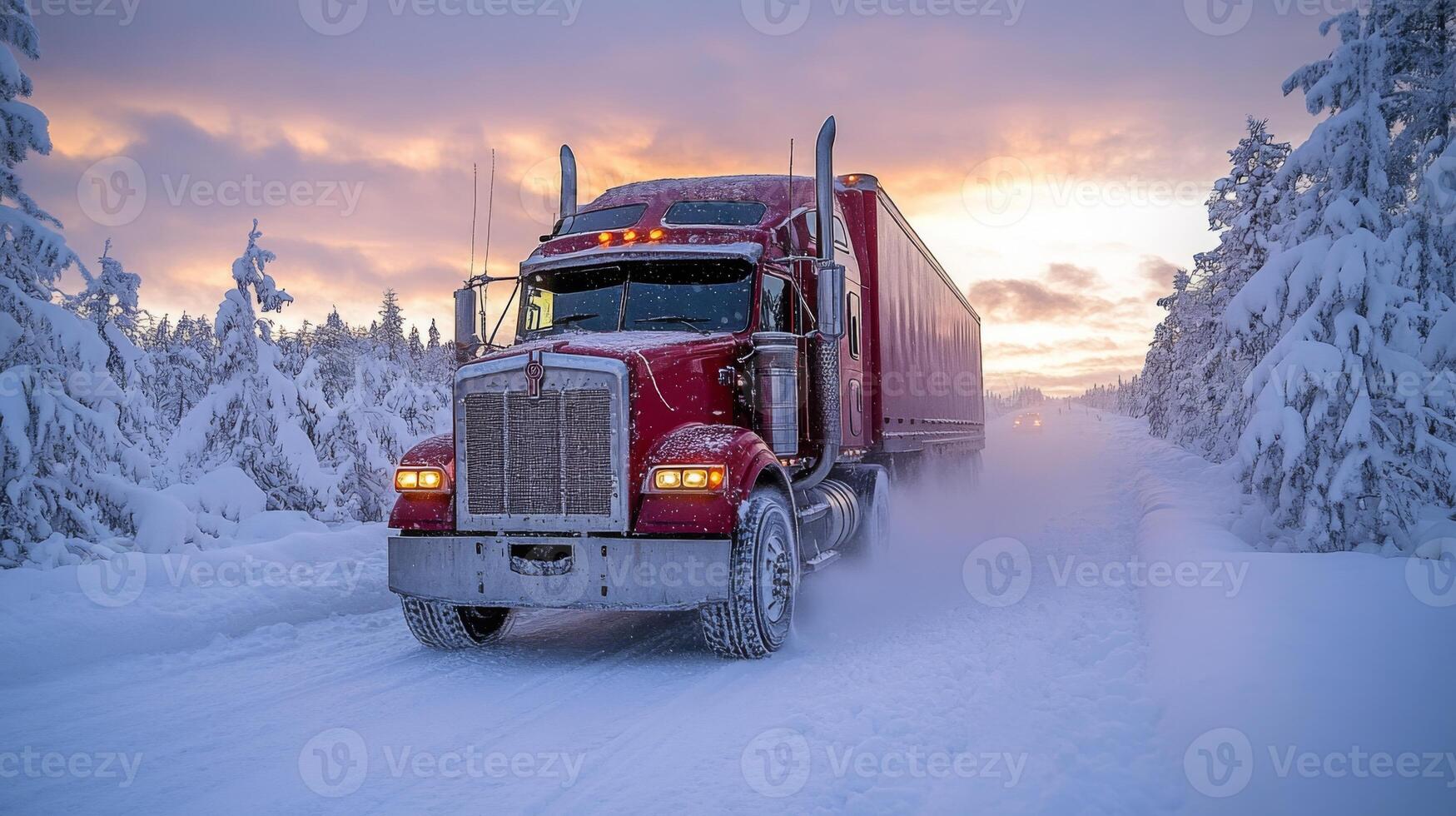 A large red truck drives through a snowy path surrounded by tall trees at sunset. The scene highlights the challenges of transport in winter conditions for logistics and freight movement. photo