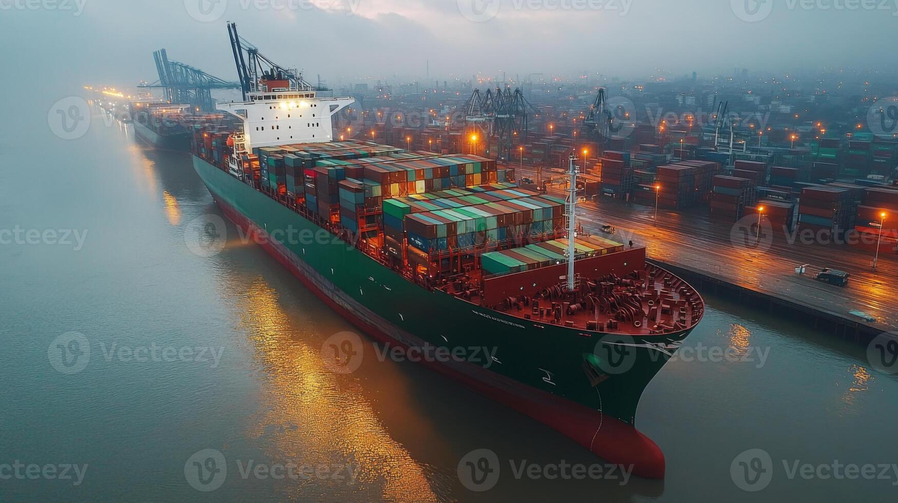 A large cargo ship approaches the dock at a bustling container terminal as lights illuminate the area. Workers are actively loading and unloading freight containers amidst the evening atmosphere. photo