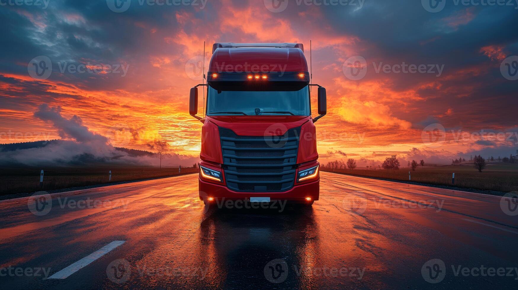 A bright red truck stands still on a wet road against a vibrant sunset, illustrating the significance of logistics and transport in the distribution of goods. photo