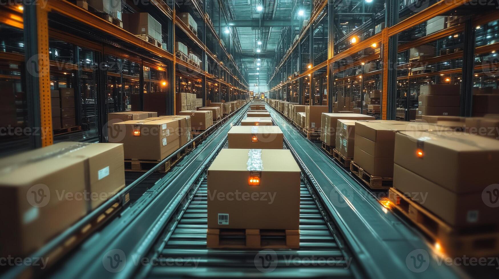 Large warehouse filled with boxes moving along automated conveyor belts. Workers are actively engaged in sorting and organizing inventory for timely distribution. photo
