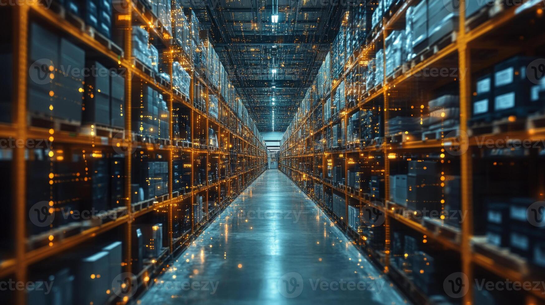 Rows of neatly arranged shelving units filled with boxes showcase a busy logistics hub where inventory is sorted and prepared for distribution. photo